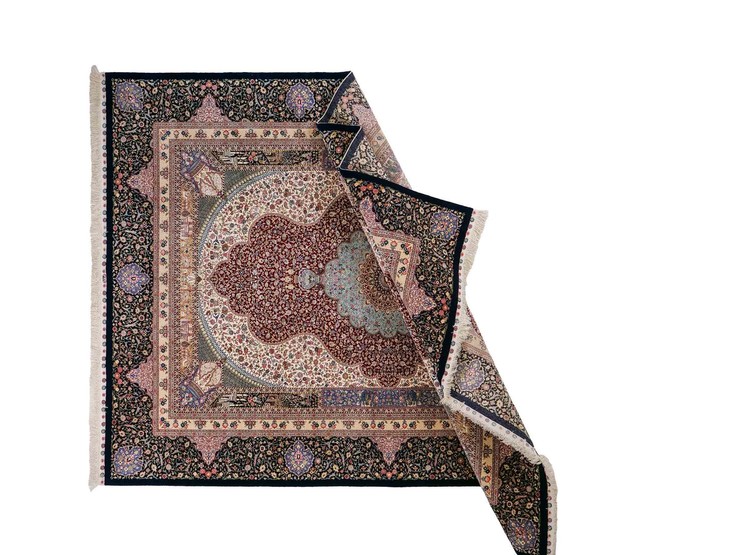 Sehr feiner, handgeknüpfter Khademi Orientteppich mit Ghom Design aus Wolle mit Seide, blau, rot. 288x207 cm. Vertrieb durch Jupiter Intl.