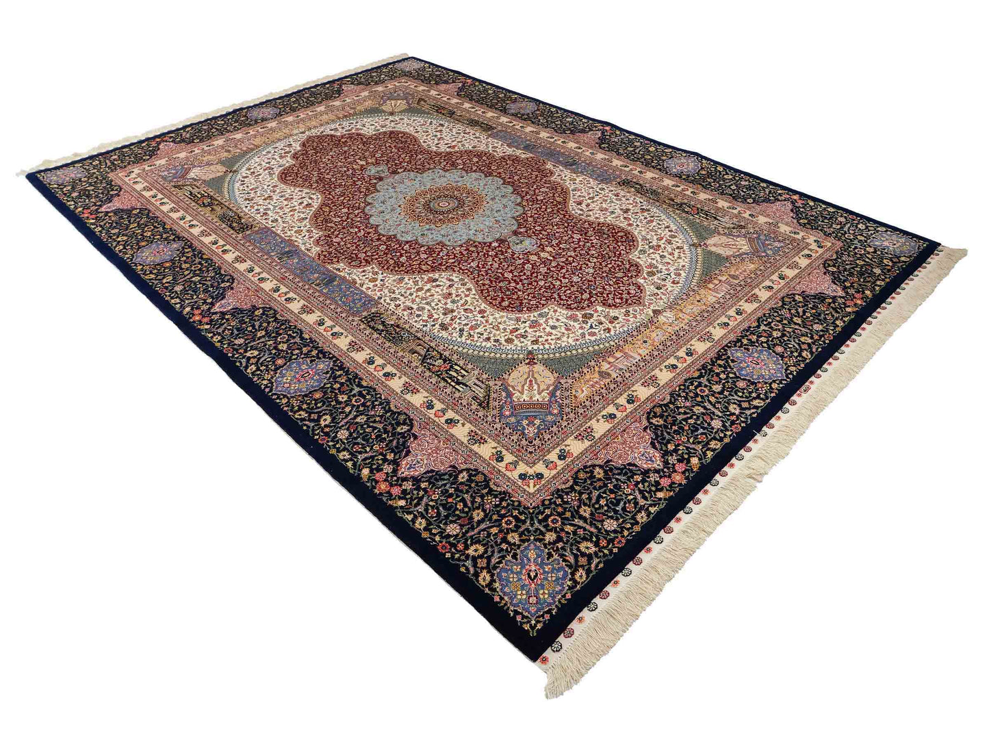 Sehr feiner, handgeknüpfter Khademi Orientteppich mit Ghom Design aus Wolle mit Seide, blau, rot. 288x207 cm. Vertrieb durch Jupiter Intl.
