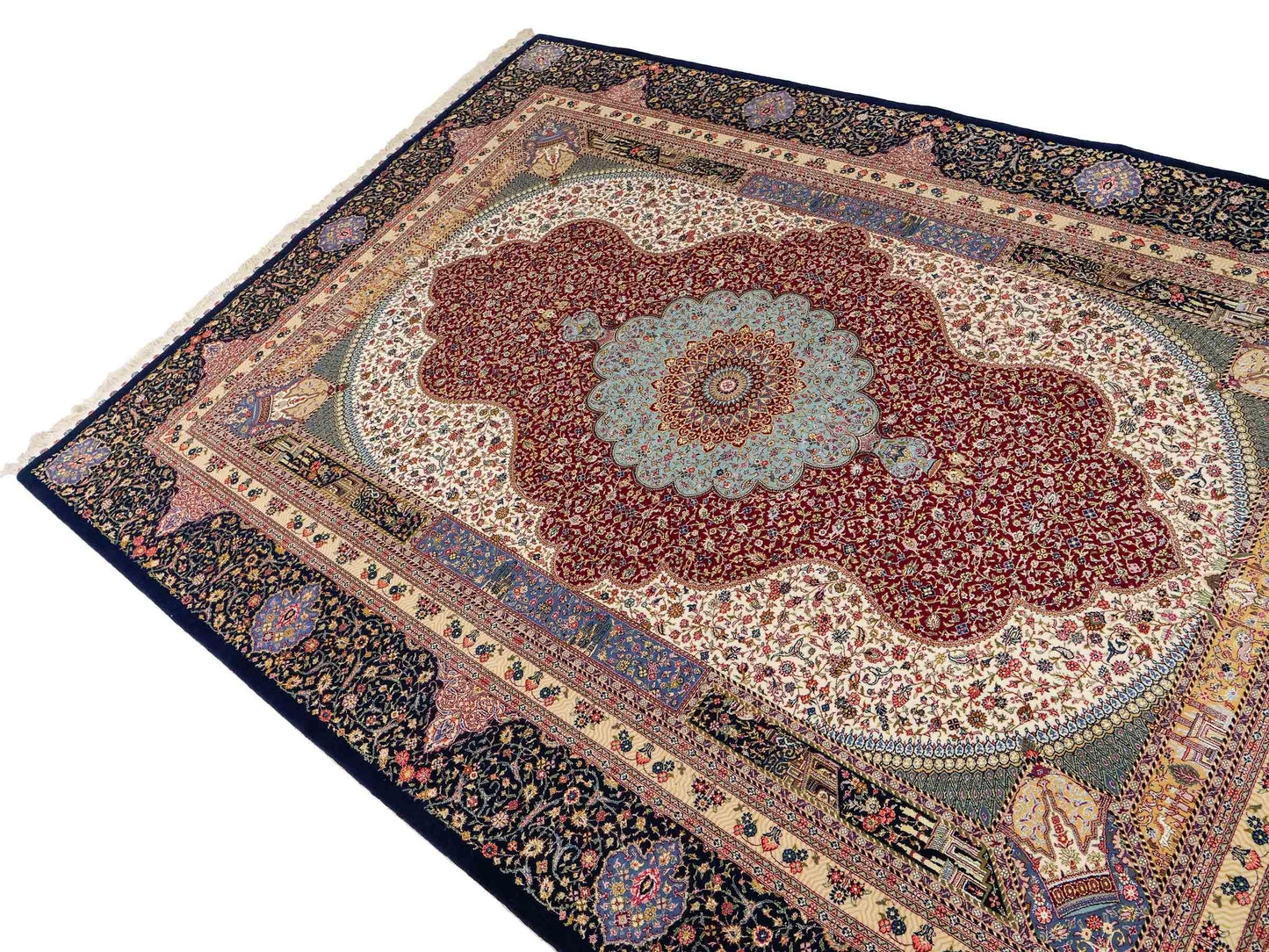 Sehr feiner, handgeknüpfter Khademi Orientteppich mit Ghom Design aus Wolle mit Seide, blau, rot. 288x207 cm. Vertrieb durch Jupiter Intl.