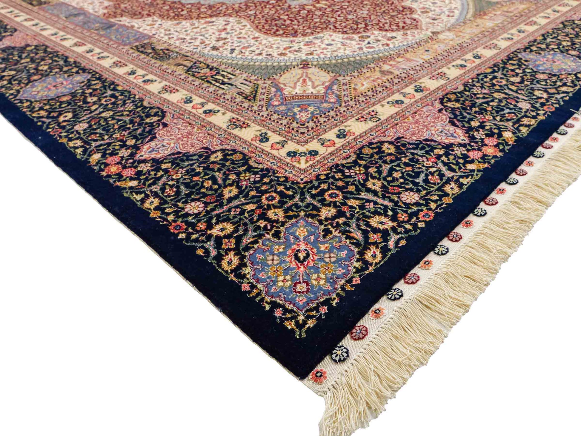 Sehr feiner, handgeknüpfter Khademi Orientteppich mit Ghom Design aus Wolle mit Seide, blau, rot. 288x207 cm. Vertrieb durch Jupiter Intl.