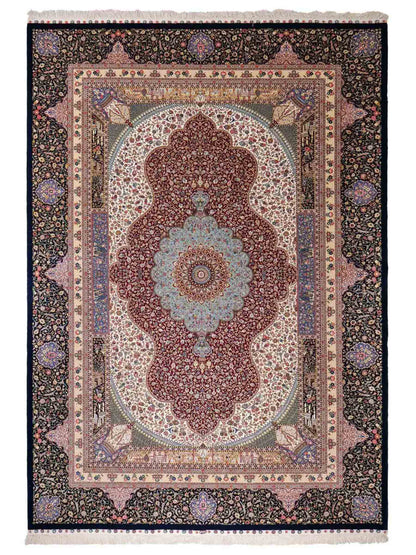 Sehr feiner, handgeknüpfter Khademi Orientteppich mit Ghom Design aus Wolle mit Seide, blau, rot. 291x207 cm. Vertrieb durch Jupiter Intl.