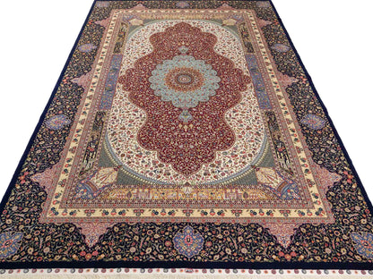 Sehr feiner, handgeknüpfter Khademi Orientteppich mit Ghom Design aus Wolle mit Seide, blau, rot. 291x207 cm. Vertrieb durch Jupiter Intl.