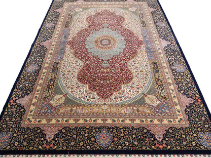 Sehr feiner, handgeknüpfter Khademi Orientteppich mit Ghom Design aus Wolle mit Seide, blau, rot. 291x207 cm. Vertrieb durch Jupiter Intl.