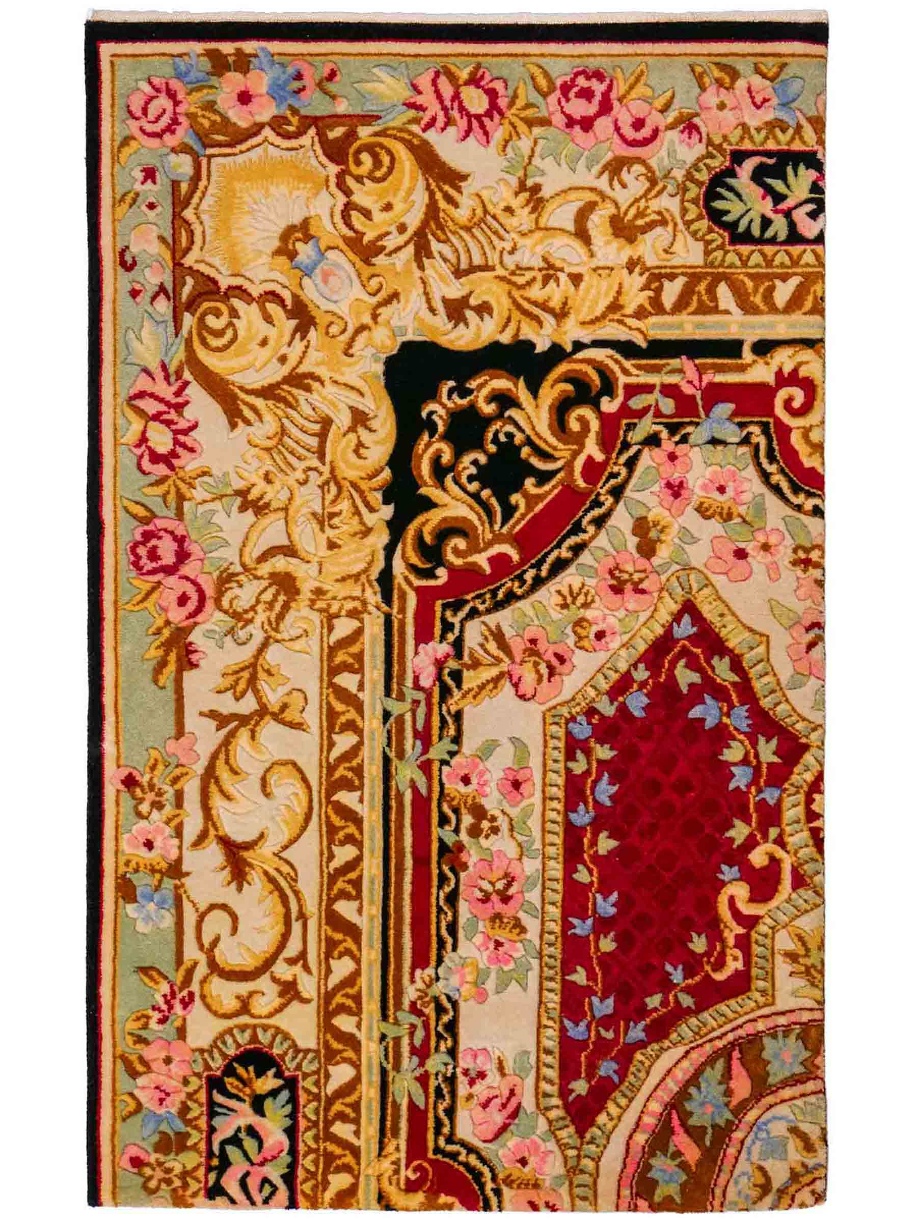 Feiner, handgeknüpfter Indo Aubusson Orientteppich aus Wolle von Khademi, creme, gold, beige, gold, schwarz, rot. 127x78 cm. Verkauf durch Jupiter Intl.