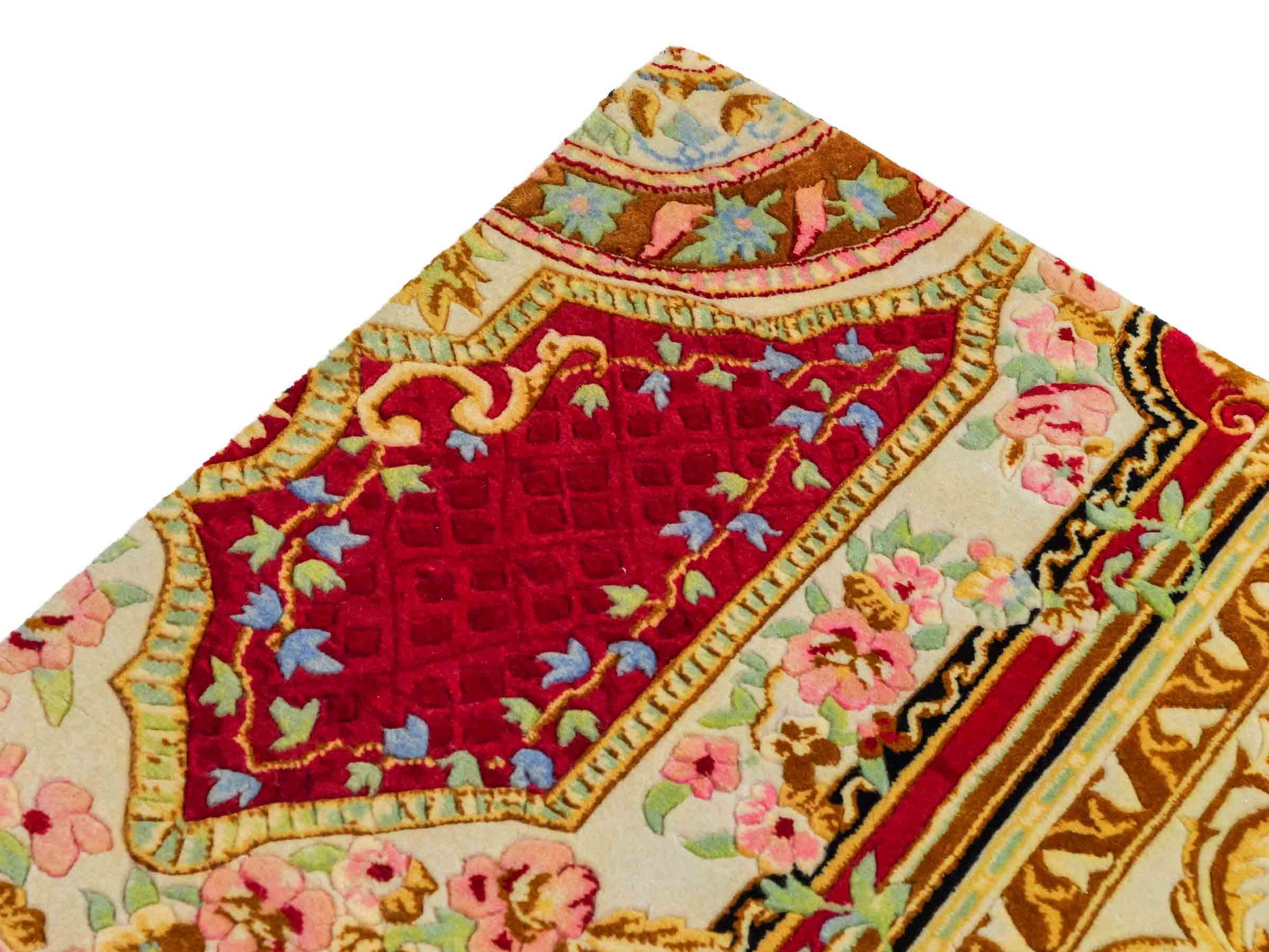 Feiner, handgeknüpfter Indo Aubusson Orientteppich aus Wolle von Khademi, creme, gold, beige, gold, schwarz, rot. 127x78 cm. Verkauf durch Jupiter Intl.