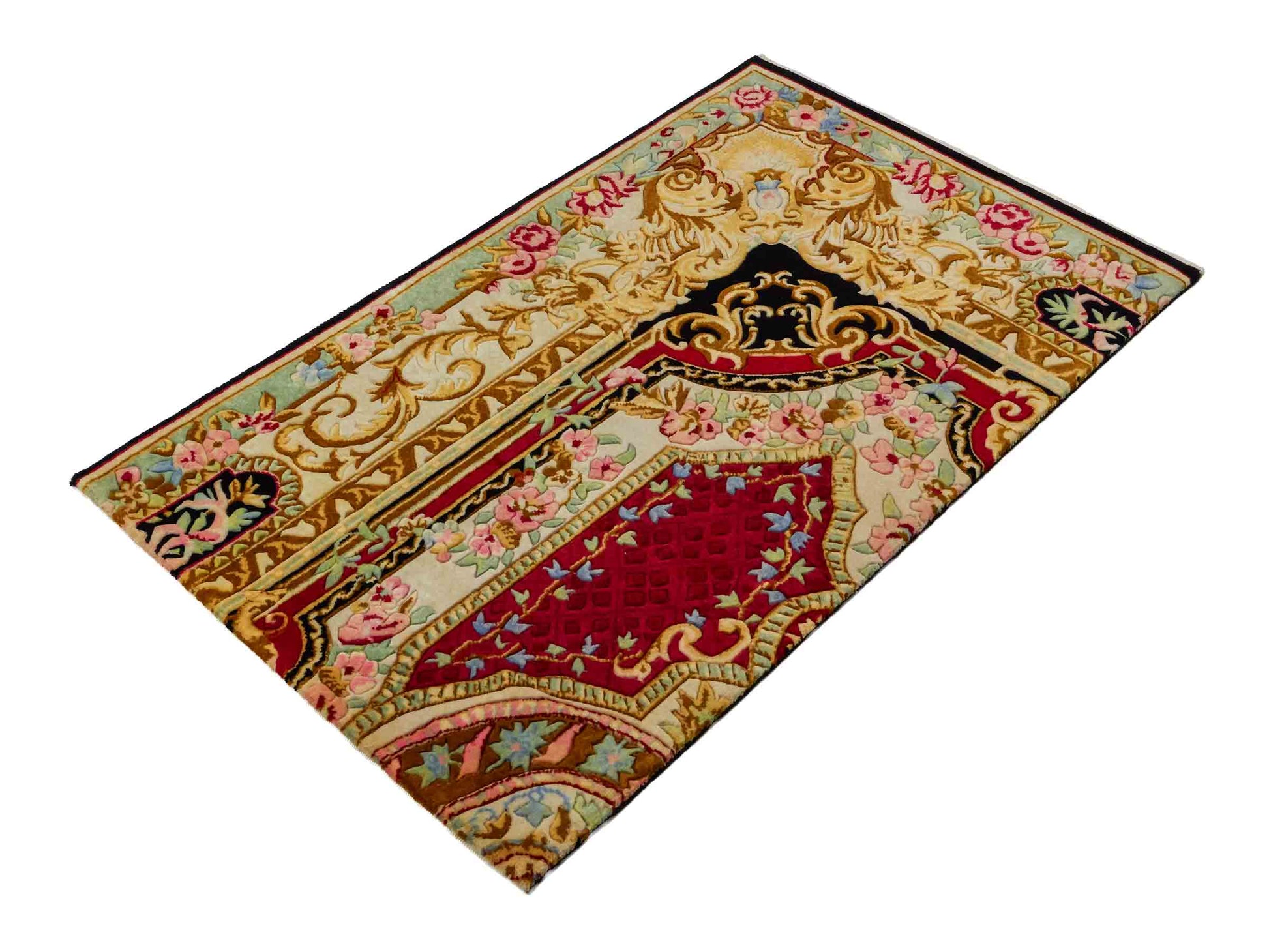 Feiner, handgeknüpfter Indo Aubusson Orientteppich aus Wolle von Khademi, creme, gold, beige, gold, schwarz, rot. 127x78 cm. Verkauf durch Jupiter Intl.