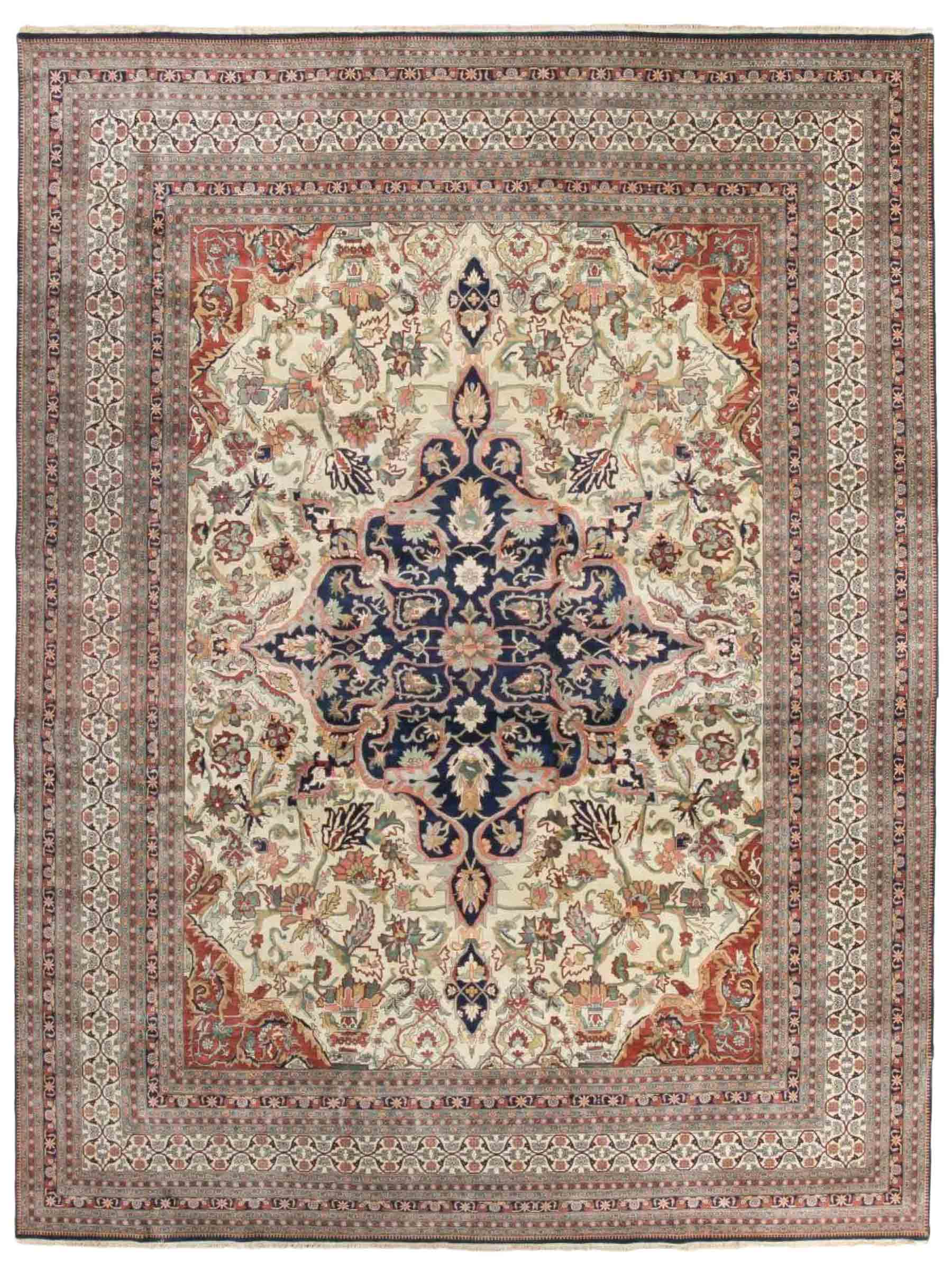 Sehr feiner, handgeknüpfter, indischer Khademi Orientteppich mit Ghom Design aus Wolle, creme, blau. 546x526 cm. Vertrieb durch Jupiter Intl.