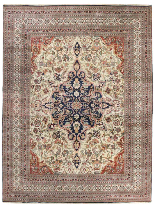 Sehr feiner, handgeknüpfter, indischer Khademi Orientteppich mit Ghom Design aus Wolle, creme, blau. 546x526 cm. Vertrieb durch Jupiter Intl.