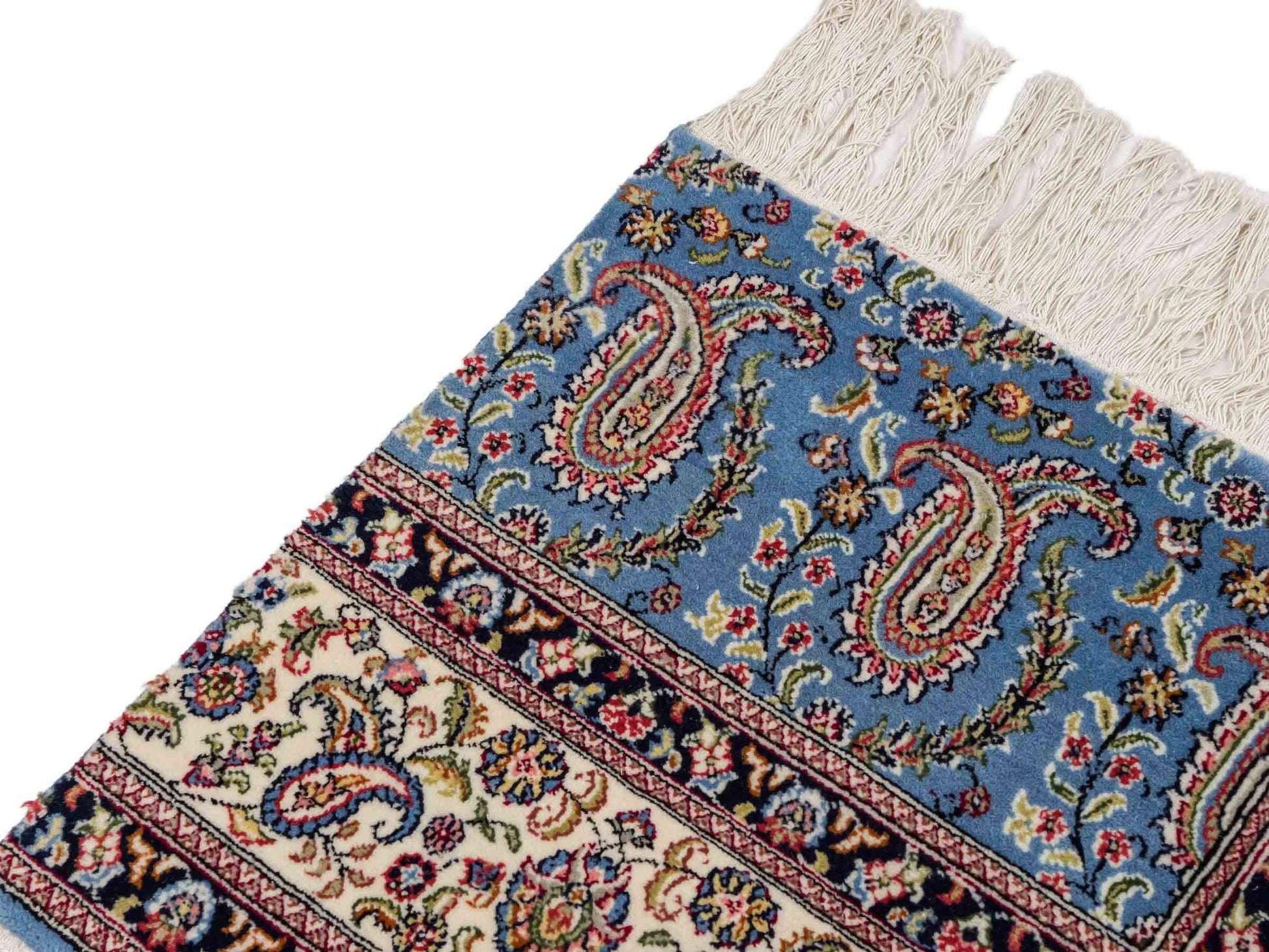 Feiner, handgeknüpfter Indo Ghom Orientteppich aus Wolle von Khademi, blau. 76x62 cm. Verkauf durch Jupiter Intl.