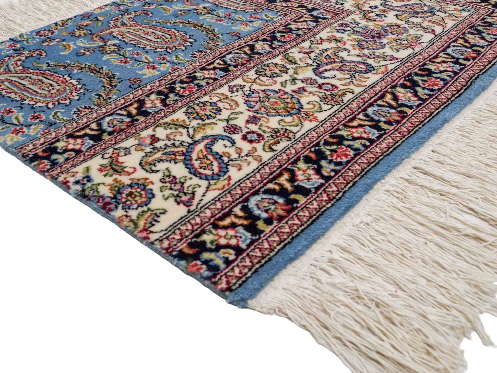 Feiner, handgeknüpfter Indo Ghom Orientteppich aus Wolle von Khademi, blau. 76x62 cm. Verkauf durch Jupiter Intl.