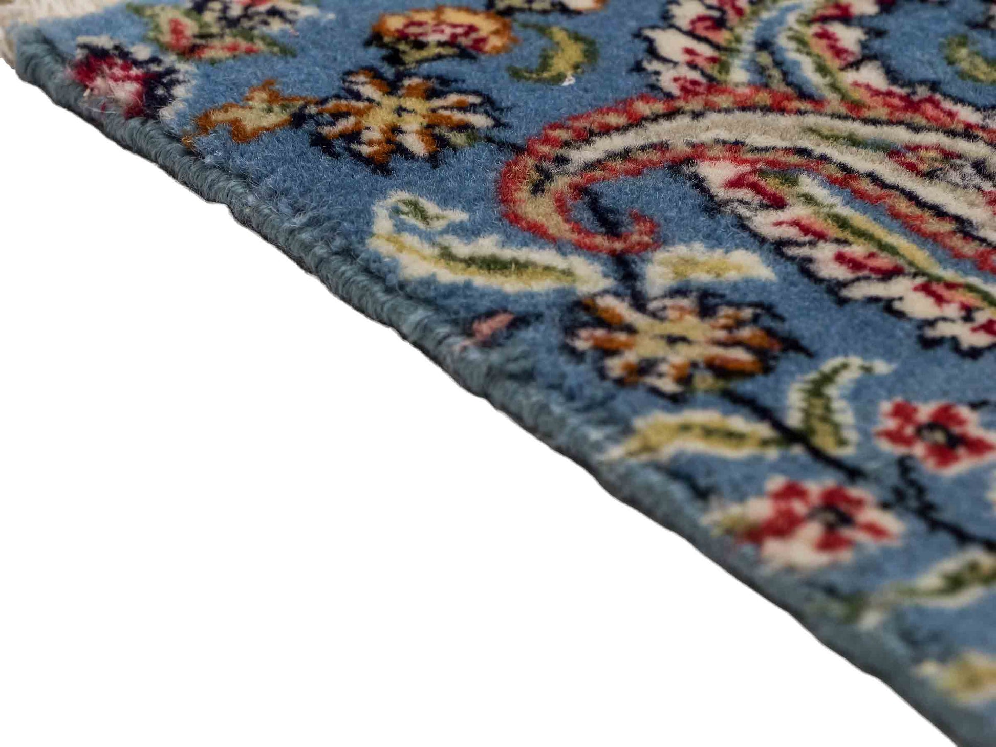 Feiner, handgeknüpfter Indo Ghom Orientteppich aus Wolle von Khademi, blau. 76x62 cm. Verkauf durch Jupiter Intl.