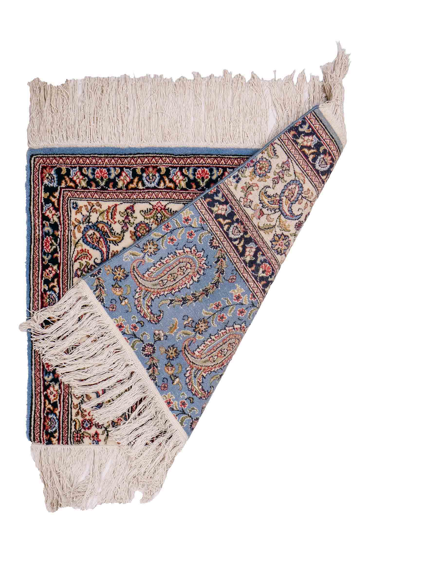 Feiner, handgeknüpfter Indo Ghom Orientteppich aus Wolle von Khademi, blau. 76x62 cm. Verkauf durch Jupiter Intl.