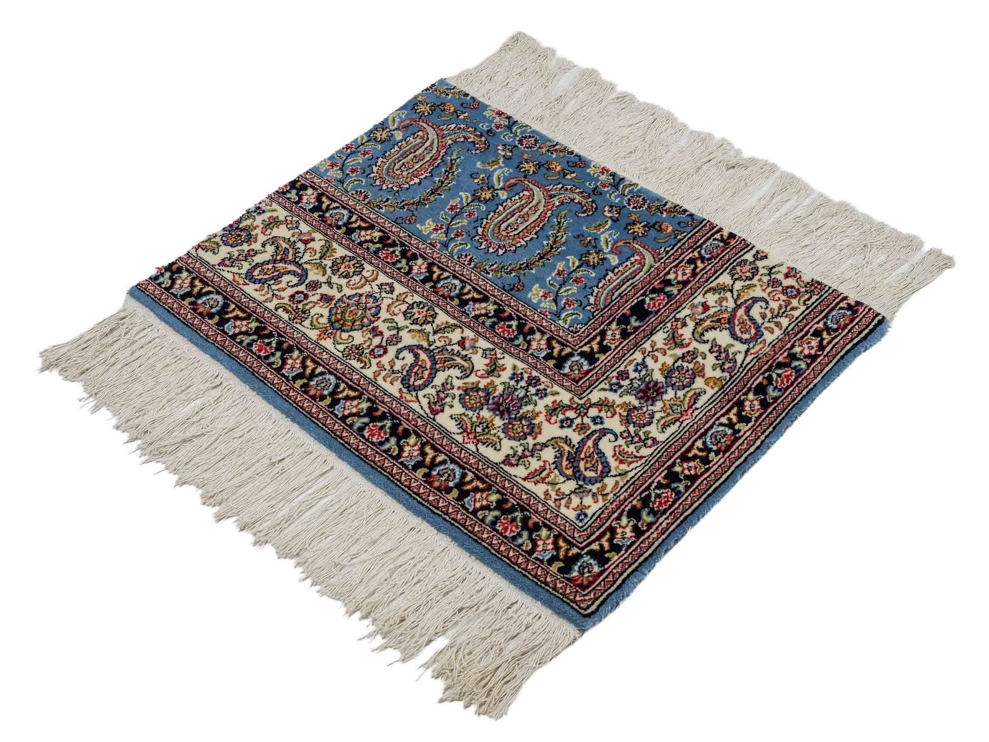 Feiner, handgeknüpfter Indo Ghom Orientteppich aus Wolle von Khademi, blau. 76x62 cm. Verkauf durch Jupiter Intl.
