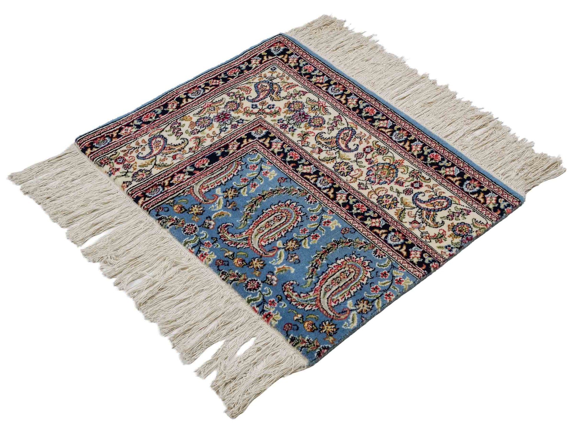 Feiner, handgeknüpfter Indo Ghom Orientteppich aus Wolle von Khademi, blau. 76x62 cm. Verkauf durch Jupiter Intl.