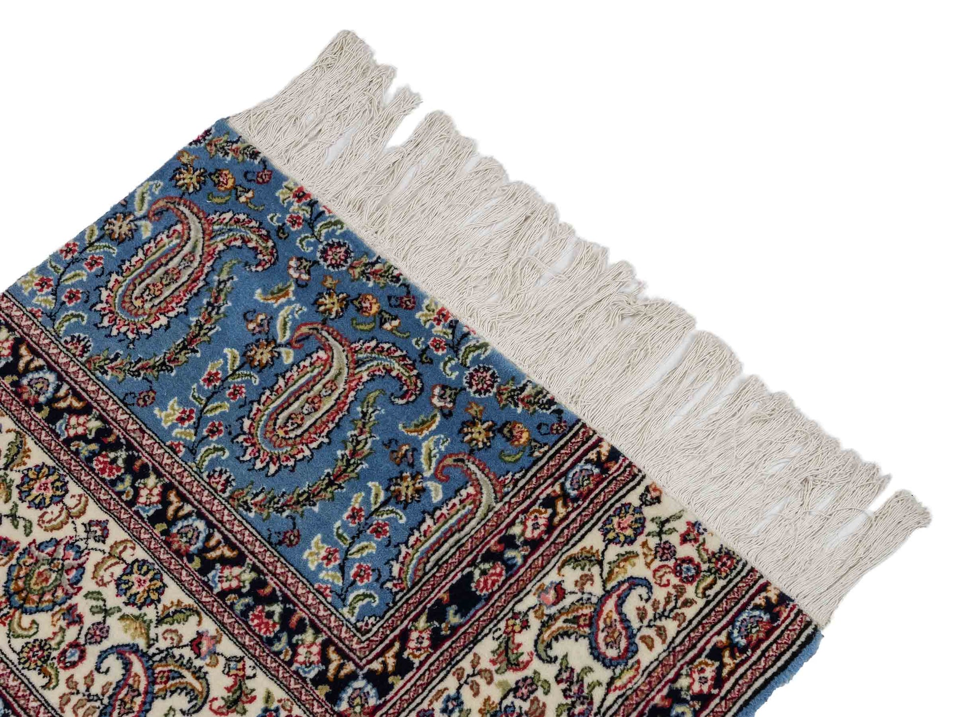 Feiner, handgeknüpfter Indo Ghom Orientteppich aus Wolle von Khademi, blau. 76x62 cm. Verkauf durch Jupiter Intl.