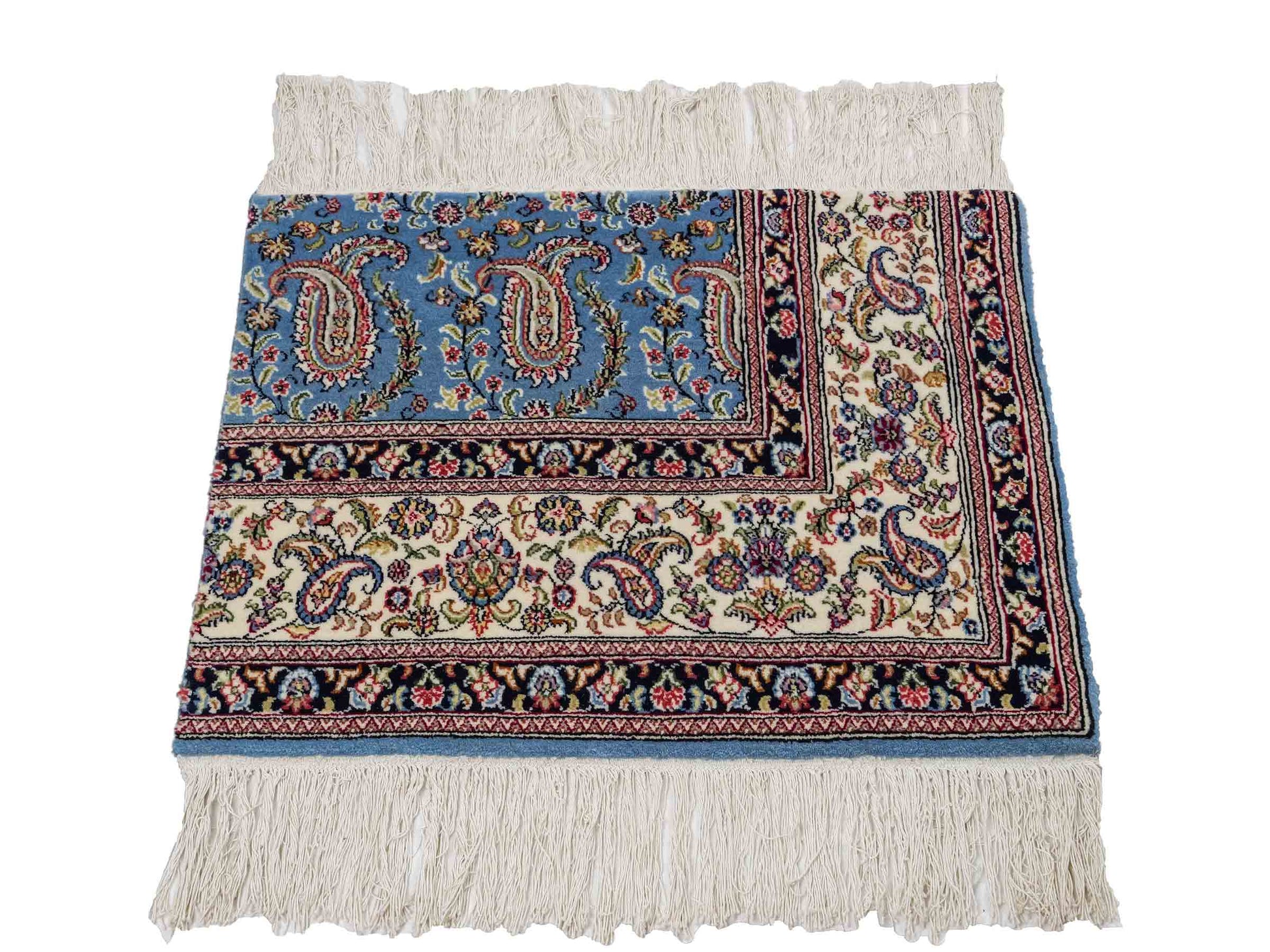 Feiner, handgeknüpfter Indo Ghom Orientteppich aus Wolle von Khademi, blau. 76x62 cm. Verkauf durch Jupiter Intl.