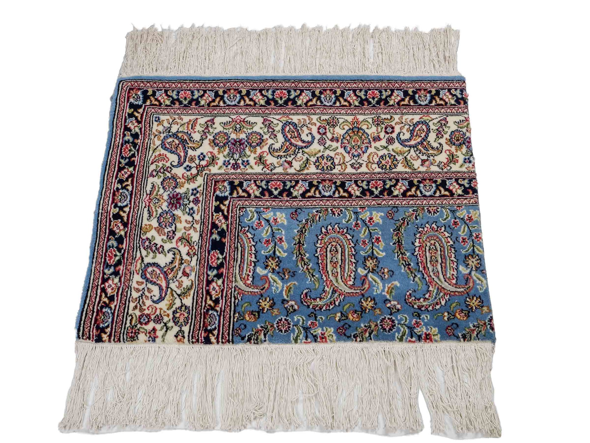 Feiner, handgeknüpfter Indo Ghom Orientteppich aus Wolle von Khademi, blau. 76x62 cm. Verkauf durch Jupiter Intl.