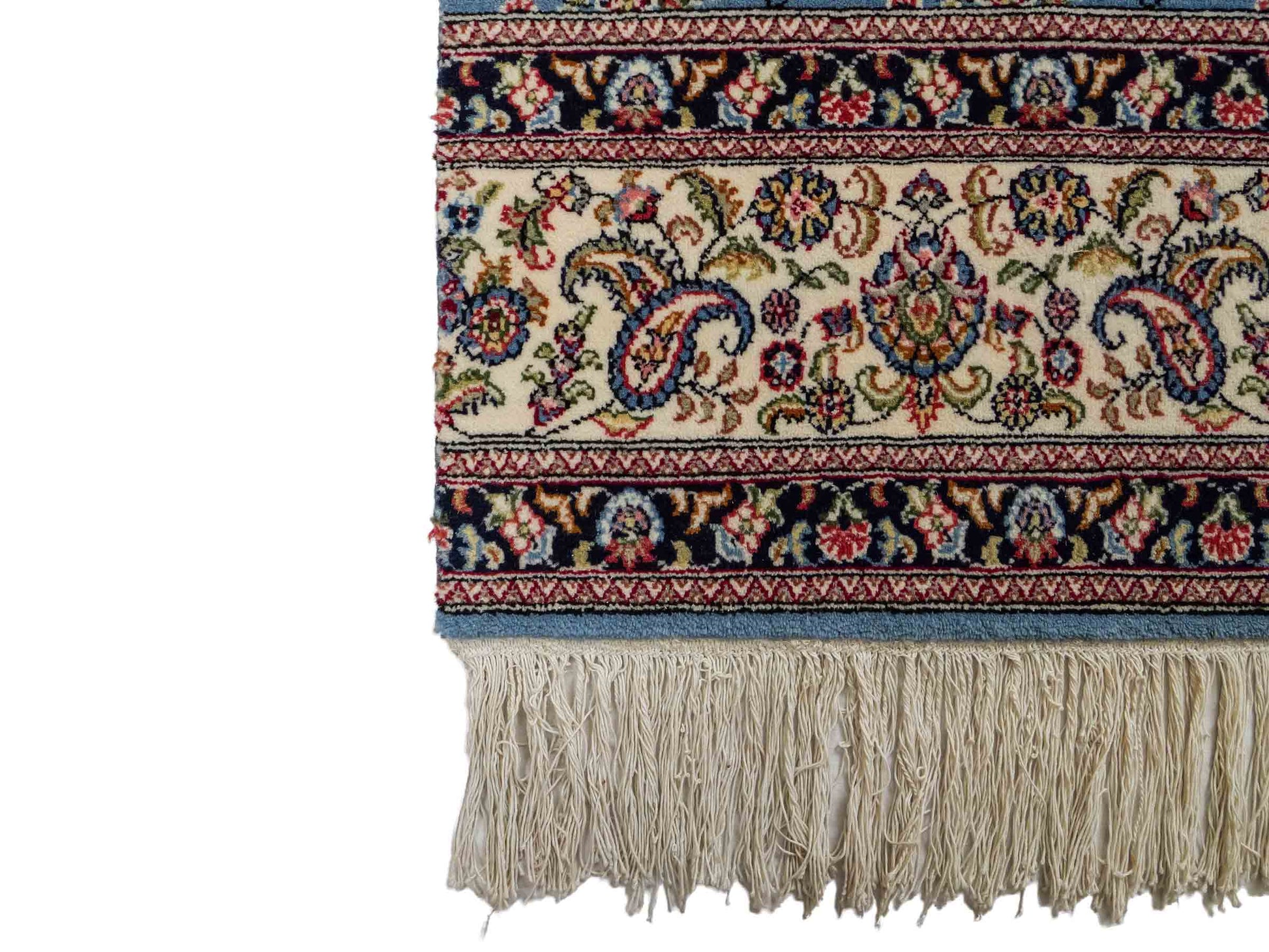 Feiner, handgeknüpfter Indo Ghom Orientteppich aus Wolle von Khademi, blau. 76x62 cm. Verkauf durch Jupiter Intl.