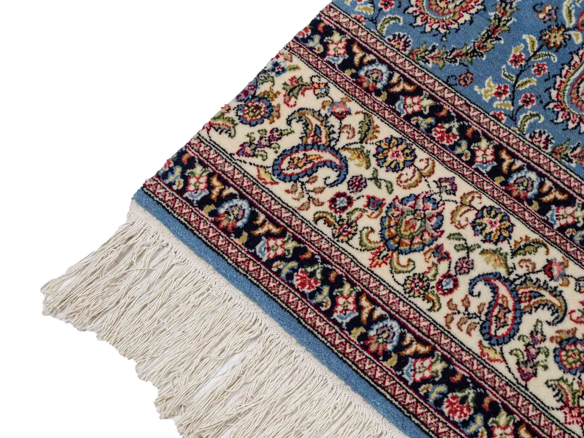 Feiner, handgeknüpfter Indo Ghom Orientteppich aus Wolle von Khademi, blau. 76x62 cm. Verkauf durch Jupiter Intl.