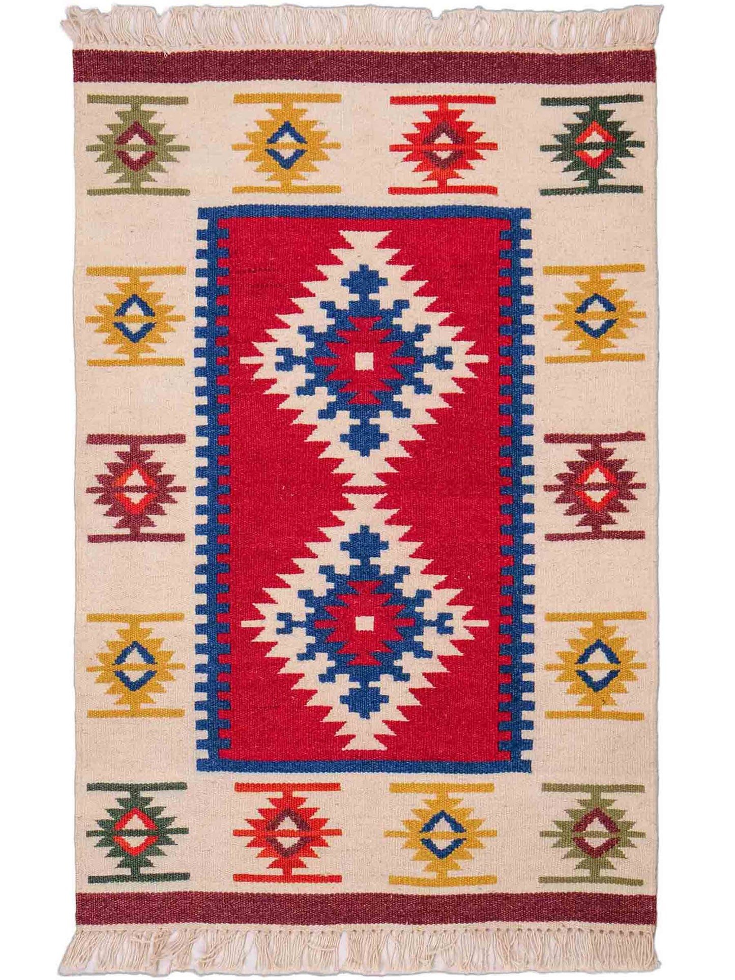 Handgeknüpfter Indo Kelim Orientteppich aus Wolle von Khademi, creme, rot. 93x61 cm. Verkauf durch Jupiter Intl.