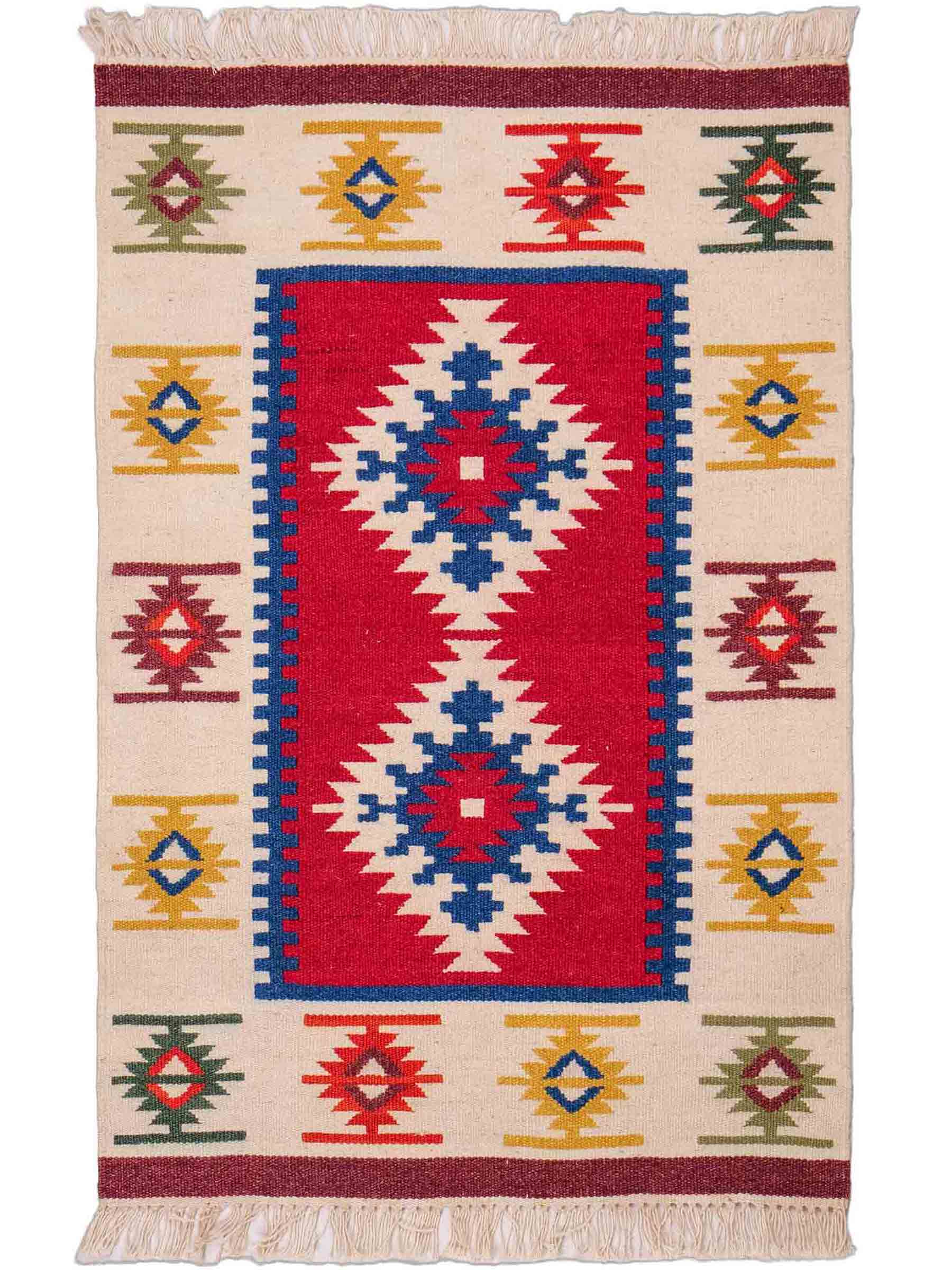 Handgeknüpfter Indo Kelim Orientteppich aus Wolle von Khademi, creme, rot. 93x61 cm. Verkauf durch Jupiter Intl.