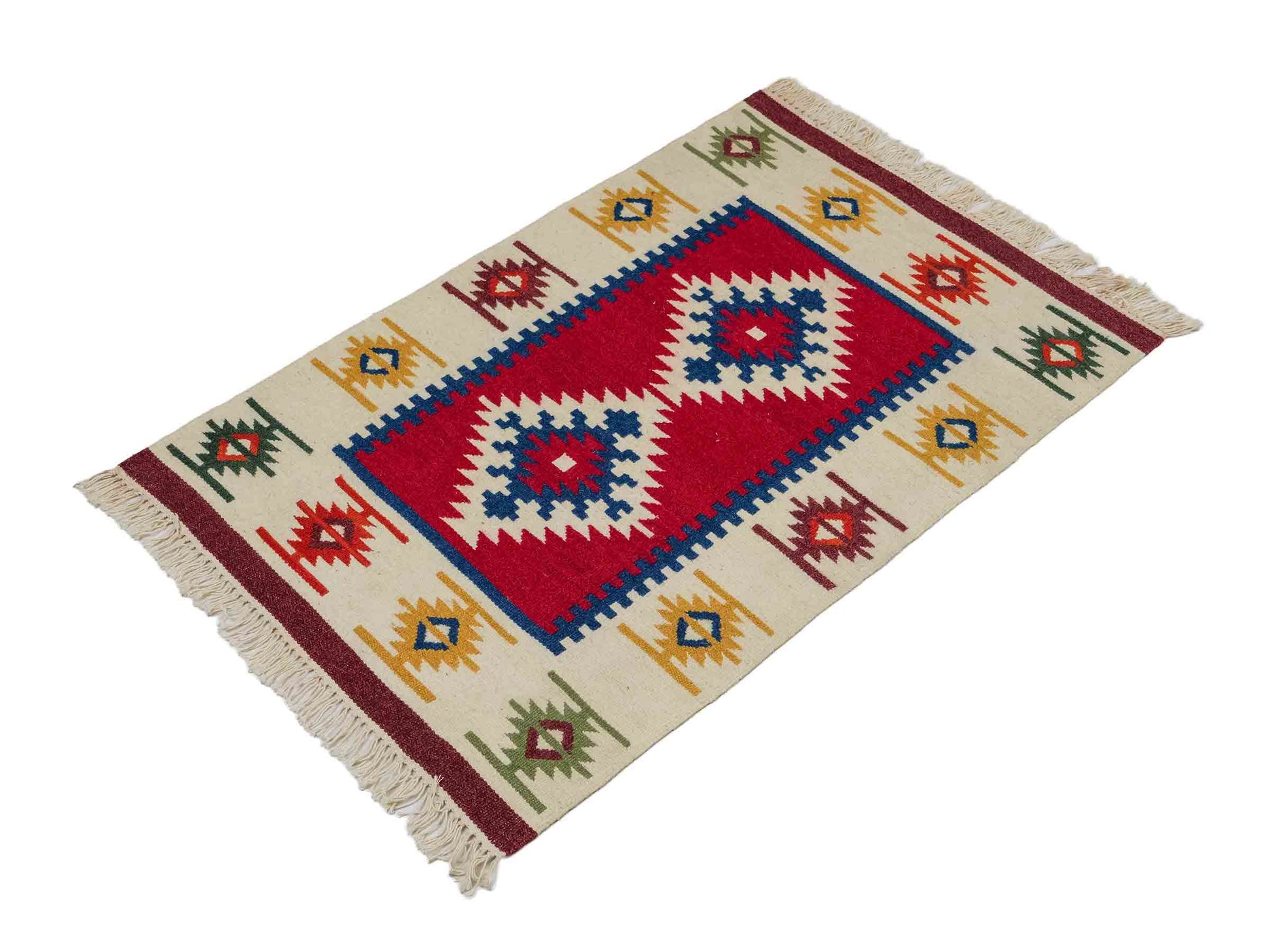Handgeknüpfter Indo Kelim Orientteppich aus Wolle von Khademi, creme, rot. 93x61 cm. Verkauf durch Jupiter Intl.