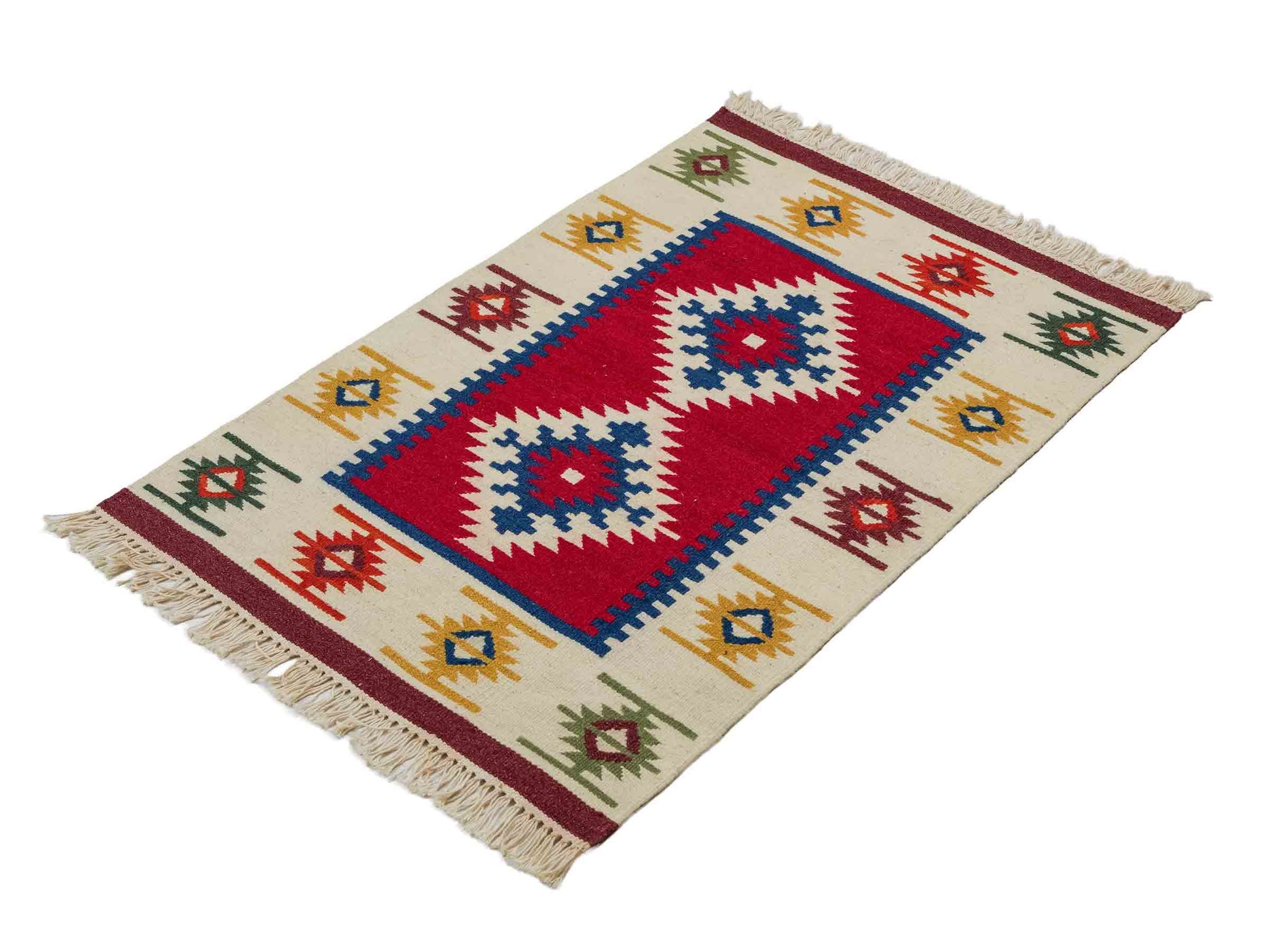 Handgeknüpfter Indo Kelim Orientteppich aus Wolle von Khademi, creme, rot. 93x61 cm. Verkauf durch Jupiter Intl.