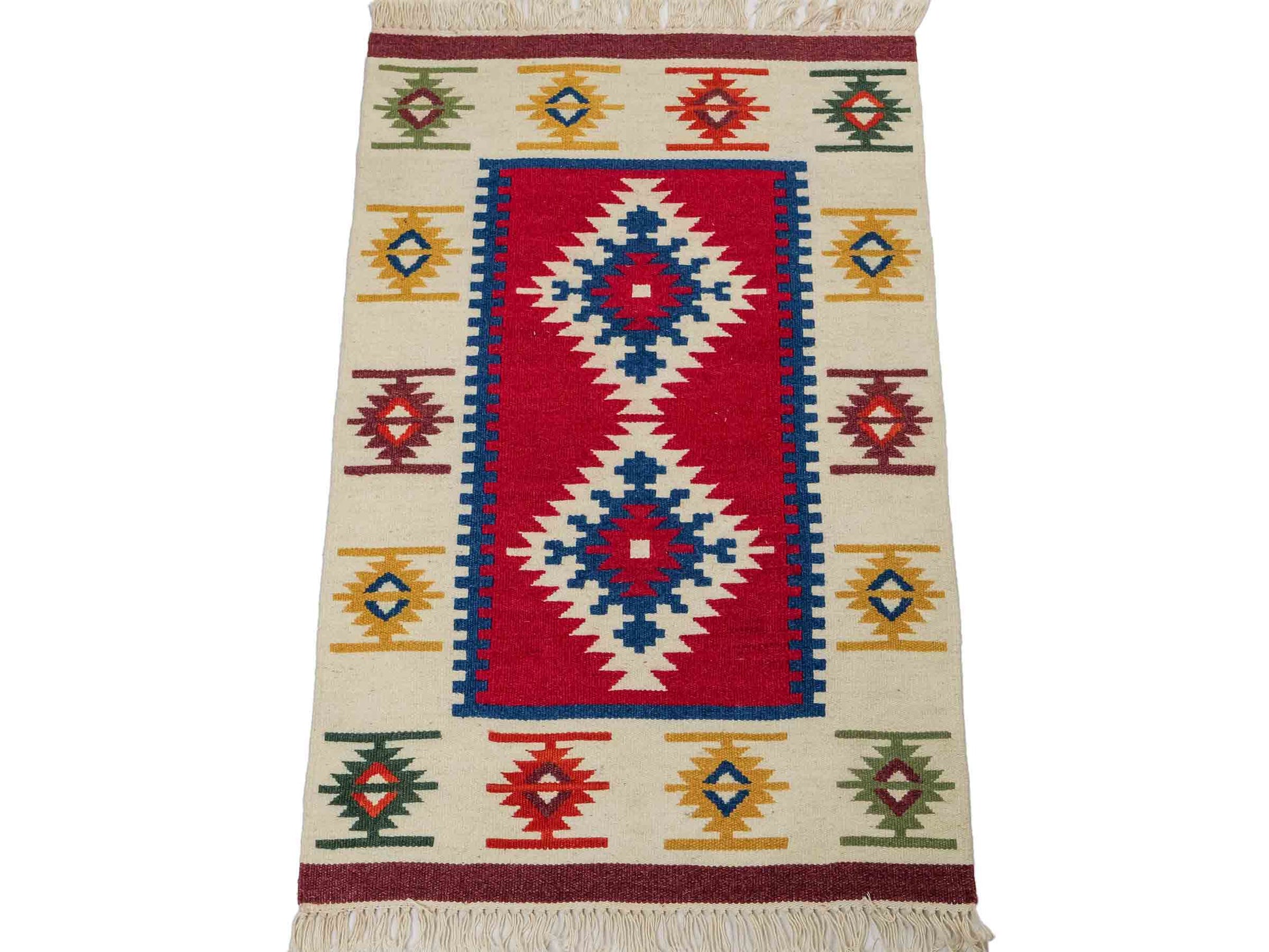 Handgeknüpfter Indo Kelim Orientteppich aus Wolle von Khademi, creme, rot. 93x61 cm. Verkauf durch Jupiter Intl.