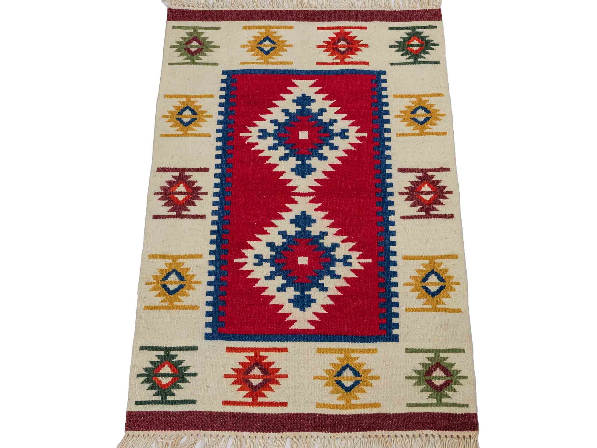 Handgeknüpfter Indo Kelim Orientteppich aus Wolle von Khademi, creme, rot. 93x61 cm. Verkauf durch Jupiter Intl.