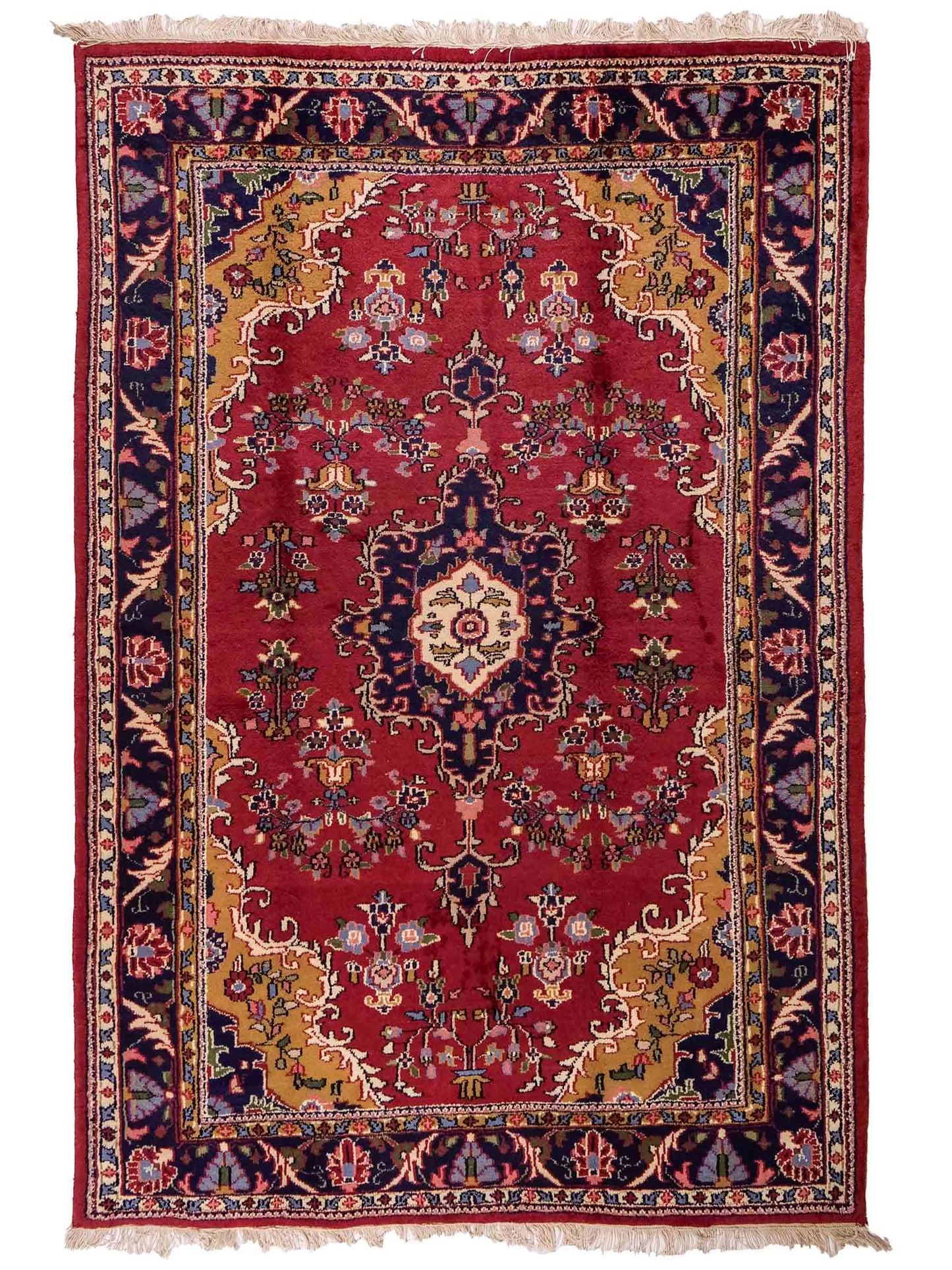 Feiner, handgeknüpfter Indo Keshan Orientteppich aus Wolle von Khademi. Größe 202 x 138 cm. Farbe: Rot, blau. Verkauf durch JUPITER Intl.