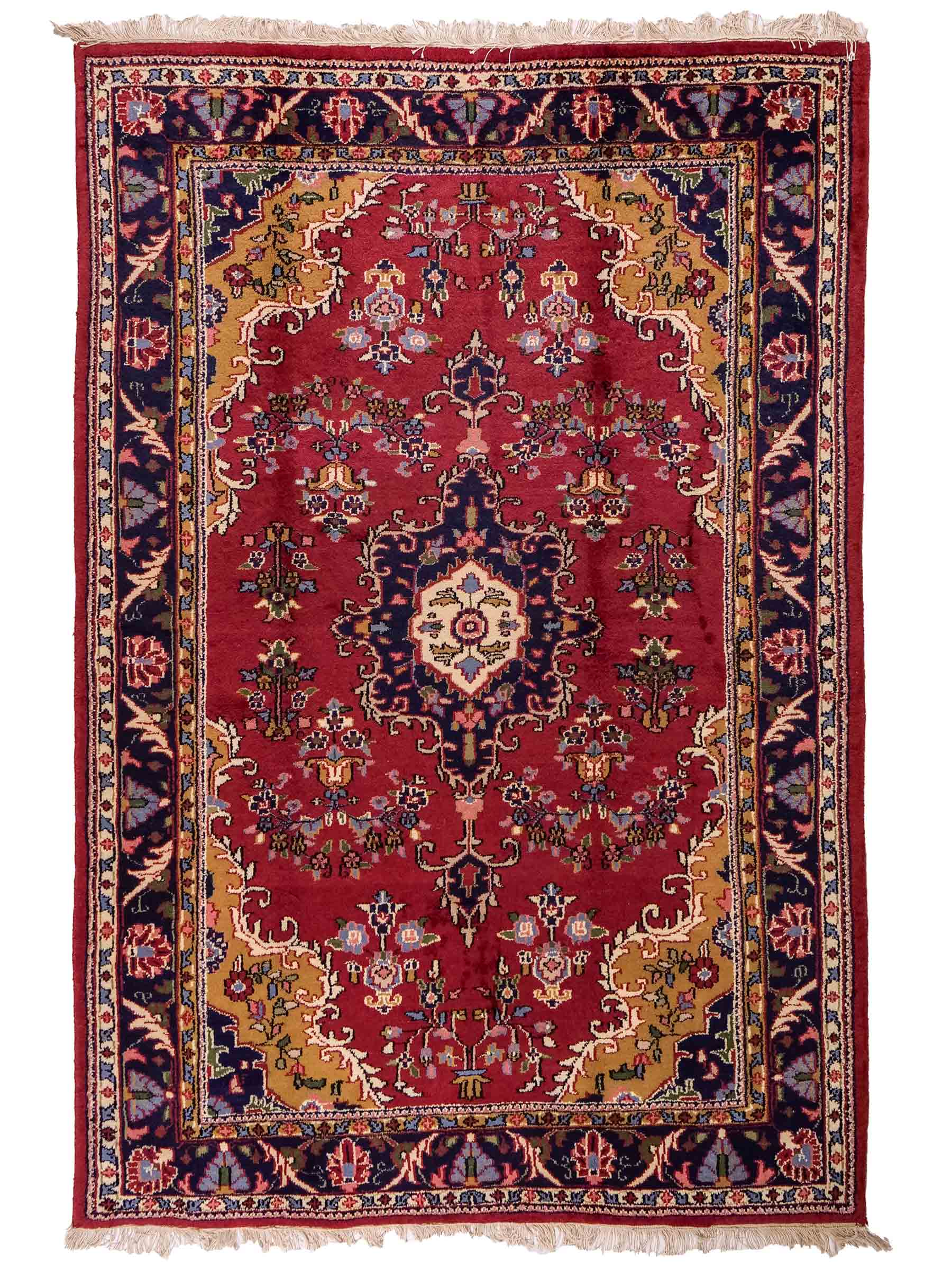 Feiner, handgeknüpfter Indo Keshan Orientteppich aus Wolle von Khademi. Größe 202 x 138 cm. Farbe: Rot, blau. Verkauf durch JUPITER Intl.