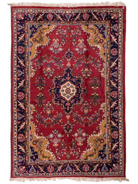 Feiner, handgeknüpfter Indo Keshan Orientteppich aus Wolle von Khademi. Größe 202 x 138 cm. Farbe: Rot, blau. Verkauf durch JUPITER Intl.