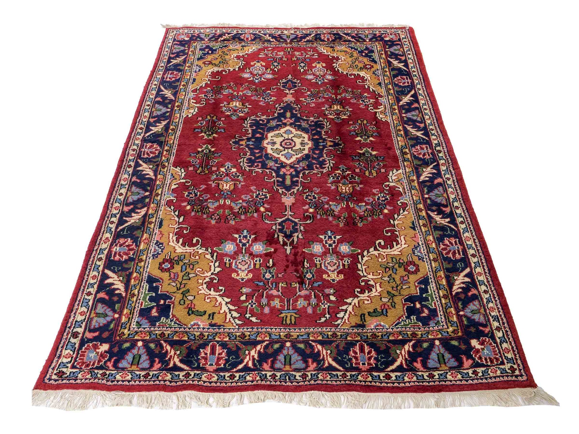 Feiner, handgeknüpfter Indo Keshan Orientteppich aus Wolle von Khademi. Größe 202 x 138 cm. Farbe: Rot, blau. Verkauf durch JUPITER Intl.