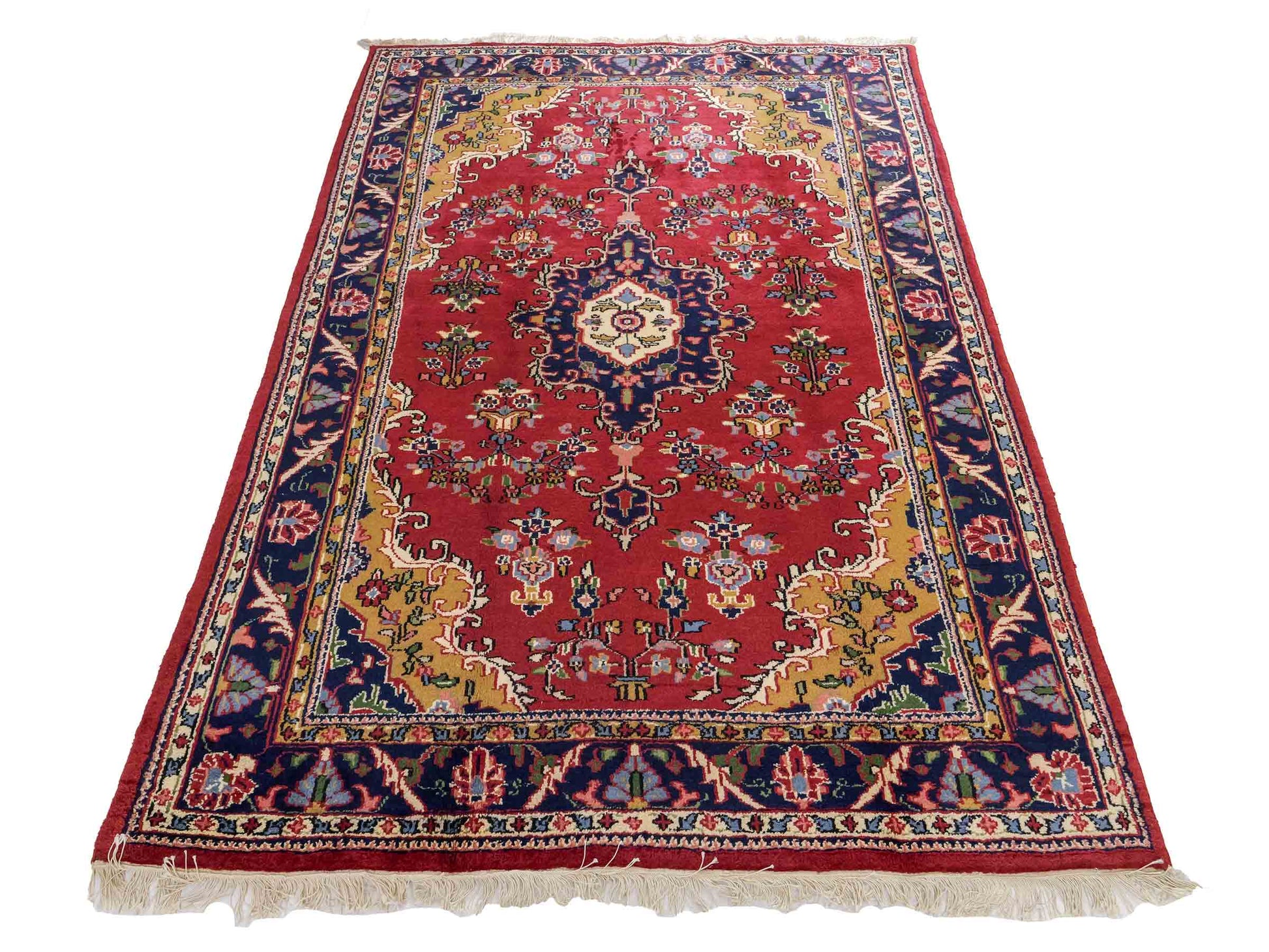 Feiner, handgeknüpfter Indo Keshan Orientteppich aus Wolle von Khademi. Größe 202 x 138 cm. Farbe: Rot, blau. Verkauf durch JUPITER Intl.