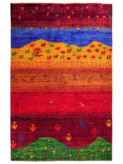 Moderner, handgeknüpfter Indo Loribaft Orientteppich von Khademi aus Sari Seide, rot, mehrfarbig. Abstraktes Nomaden-Design. Von Hand geknüpft in Indien. Größe: 232x163cm. Teppichnummer: KB4-1504. Verkauf durch Jupiter Intl.