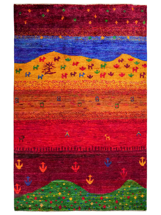 Moderner, handgeknüpfter Indo Loribaft Orientteppich von Khademi aus Sari Seide, rot, mehrfarbig. Abstraktes Nomaden-Design. Von Hand geknüpft in Indien. Größe: 232x163cm. Teppichnummer: KB4-1504. Verkauf durch Jupiter Intl.