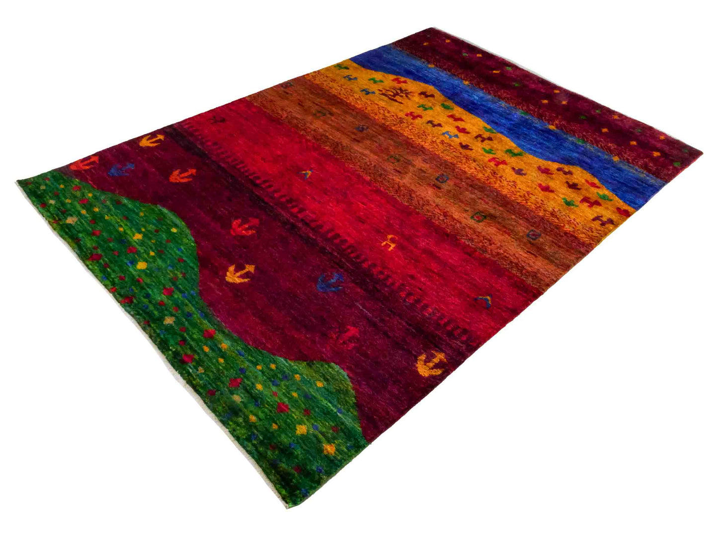 Moderner, handgeknüpfter Indo Loribaft Orientteppich von Khademi aus Sari Seide, rot, mehrfarbig. Abstraktes Nomaden-Design. Von Hand geknüpft in Indien. Größe: 232x163cm. Teppichnummer: KB4-1504. Verkauf durch Jupiter Intl.