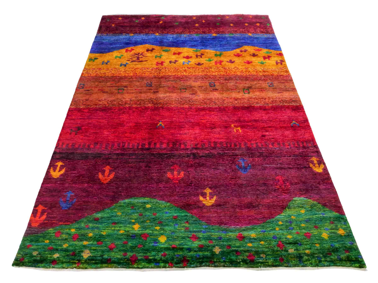 Moderner, handgeknüpfter Indo Loribaft Orientteppich von Khademi aus Sari Seide, rot, mehrfarbig. Abstraktes Nomaden-Design. Von Hand geknüpft in Indien. Größe: 232x163cm. Teppichnummer: KB4-1504. Verkauf durch Jupiter Intl.