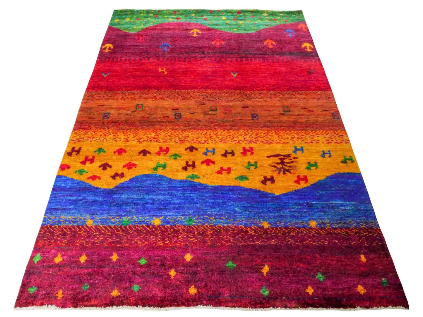 Moderner, handgeknüpfter Indo Loribaft Orientteppich von Khademi aus Sari Seide, rot, mehrfarbig. Abstraktes Nomaden-Design. Von Hand geknüpft in Indien. Größe: 232x163cm. Teppichnummer: KB4-1504. Verkauf durch Jupiter Intl.