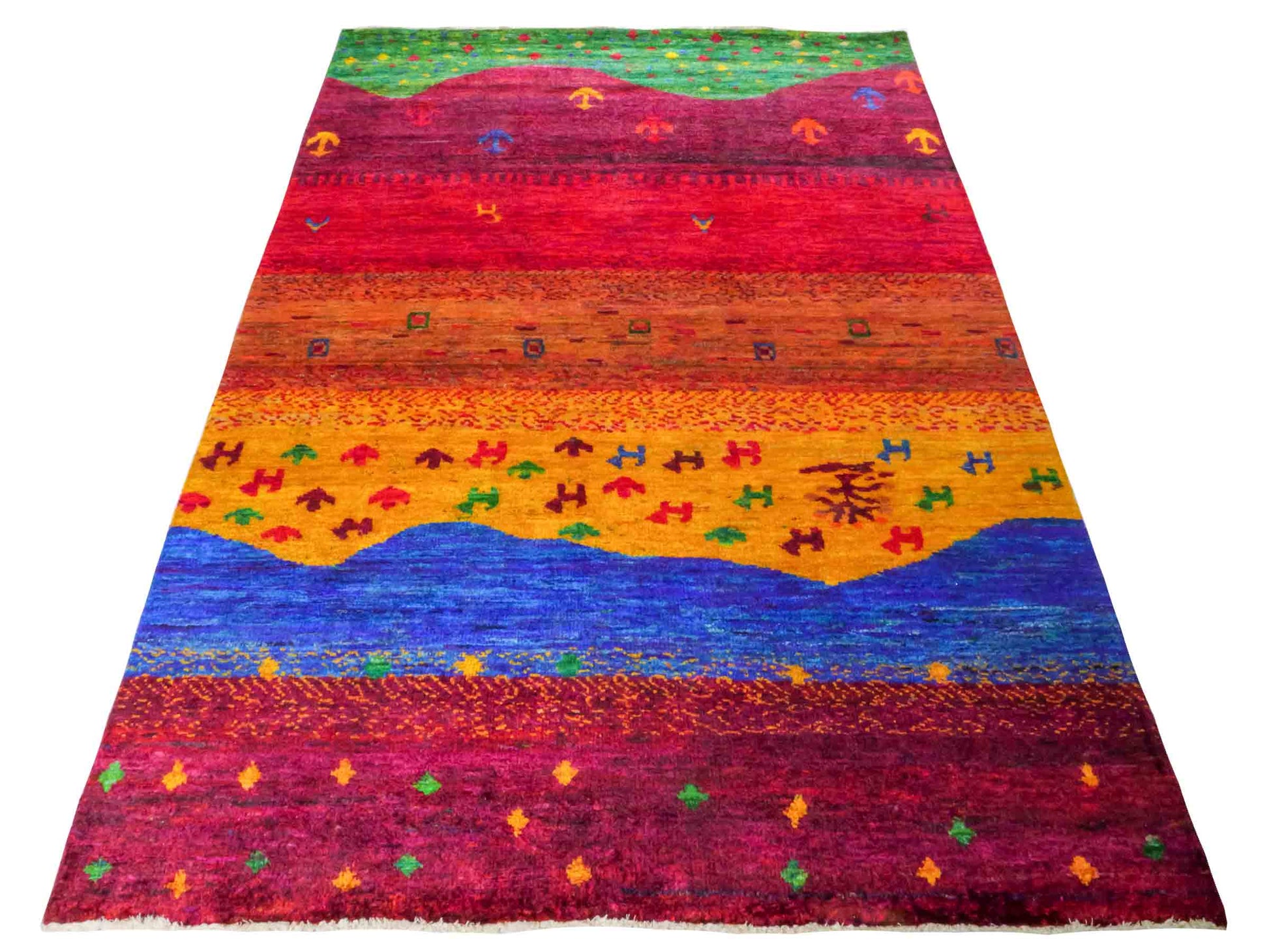 Moderner, handgeknüpfter Indo Loribaft Orientteppich von Khademi aus Sari Seide, rot, mehrfarbig. Abstraktes Nomaden-Design. Von Hand geknüpft in Indien. Größe: 232x163cm. Teppichnummer: KB4-1504. Verkauf durch Jupiter Intl.