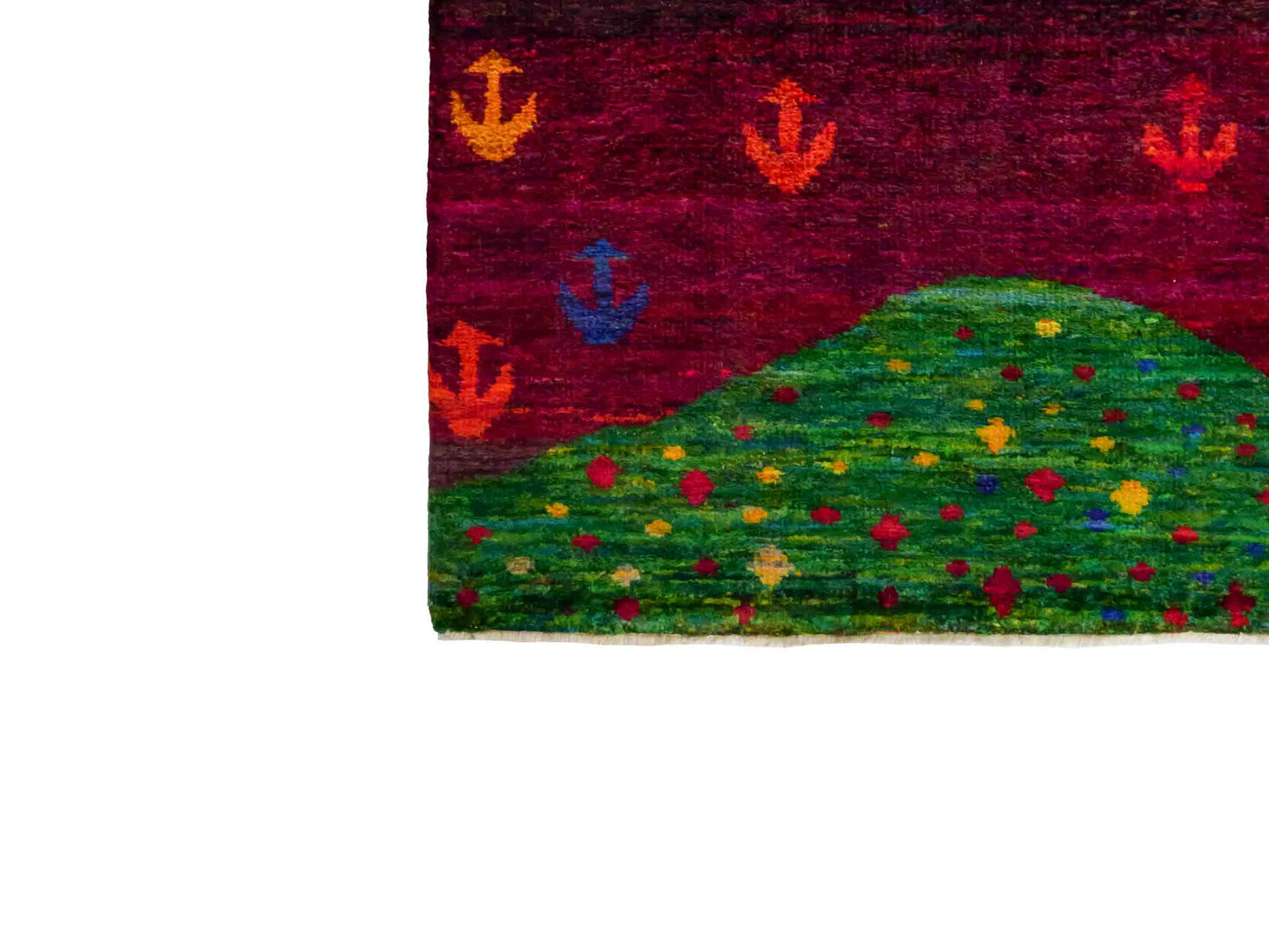 Moderner, handgeknüpfter Indo Loribaft Orientteppich von Khademi aus Sari Seide, rot, mehrfarbig. Abstraktes Nomaden-Design. Von Hand geknüpft in Indien. Größe: 232x163cm. Teppichnummer: KB4-1504. Verkauf durch Jupiter Intl.