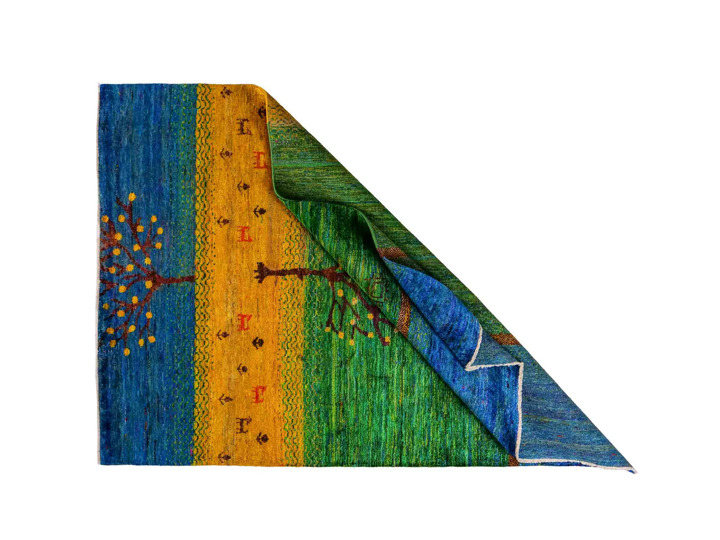 Moderner, handgeknüpfter Indo Loribaft Orientteppich von Khademi aus Sari Seide, blau, grün, gelb. Nomadisches Lebensbaum-Design. Von Hand geknüpft in Indien. Größe: 235x164cm. Teppichnummer: KB4-1505. Verkauf durch Jupiter Intl.