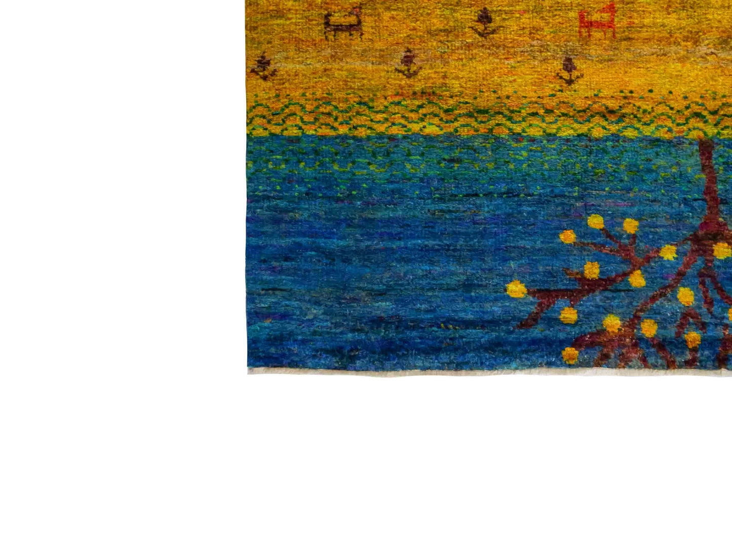 Moderner, handgeknüpfter Indo Loribaft Orientteppich von Khademi aus Sari Seide, blau, grün, gelb. Nomadisches Lebensbaum-Design. Von Hand geknüpft in Indien. Größe: 235x164cm. Teppichnummer: KB4-1505. Verkauf durch Jupiter Intl.