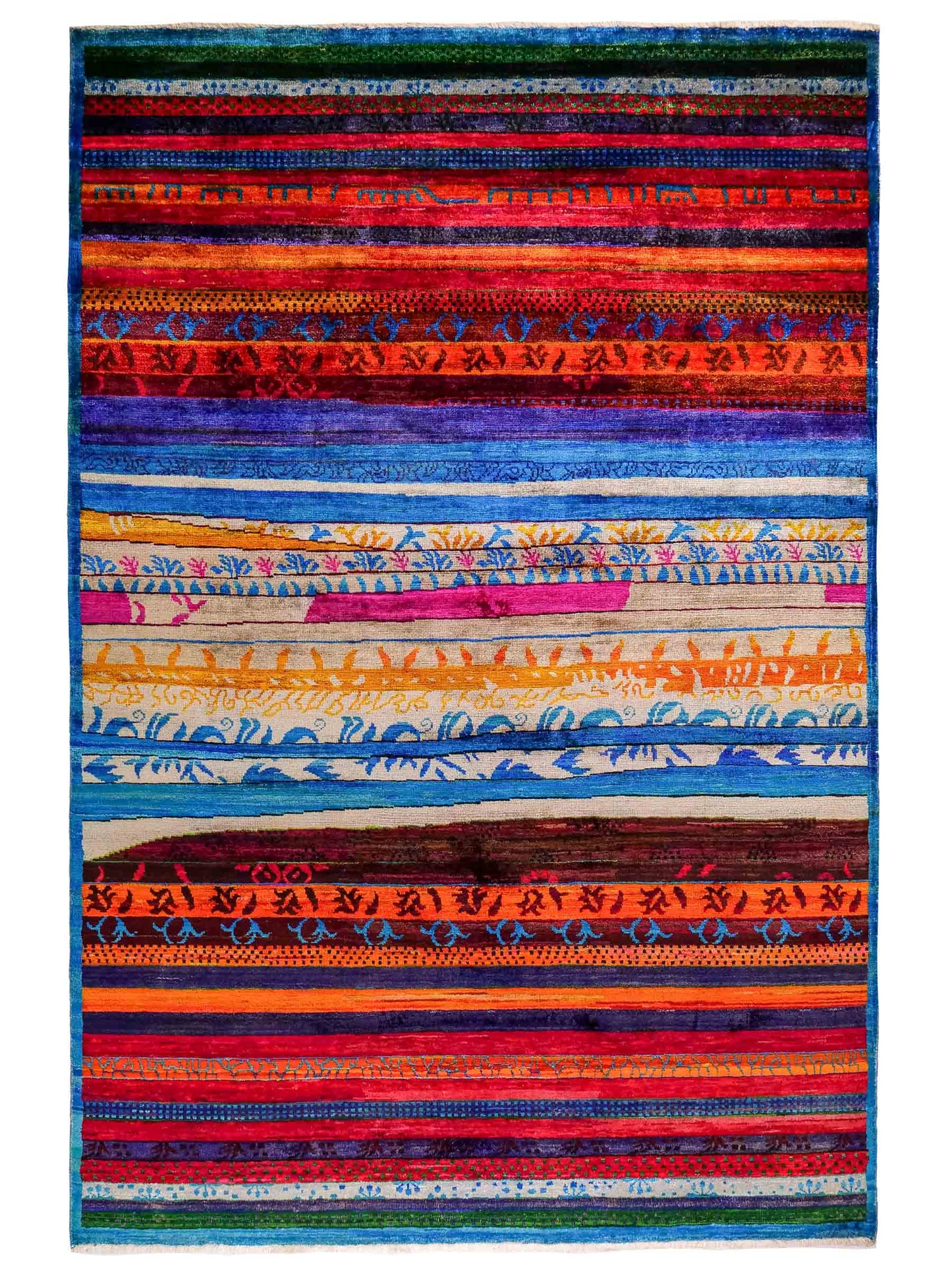 Moderner, handgeknüpfter Indo Loribaft Orientteppich von Khademi aus Sari Seide, rot, mehrfarbig. Geometrisches Nomaden-Design mit Streifen. Von Hand geknüpft in Indien. Größe: 235x175cm. Teppichnummer: KB4-1501. Verkauf durch Jupiter Intl.