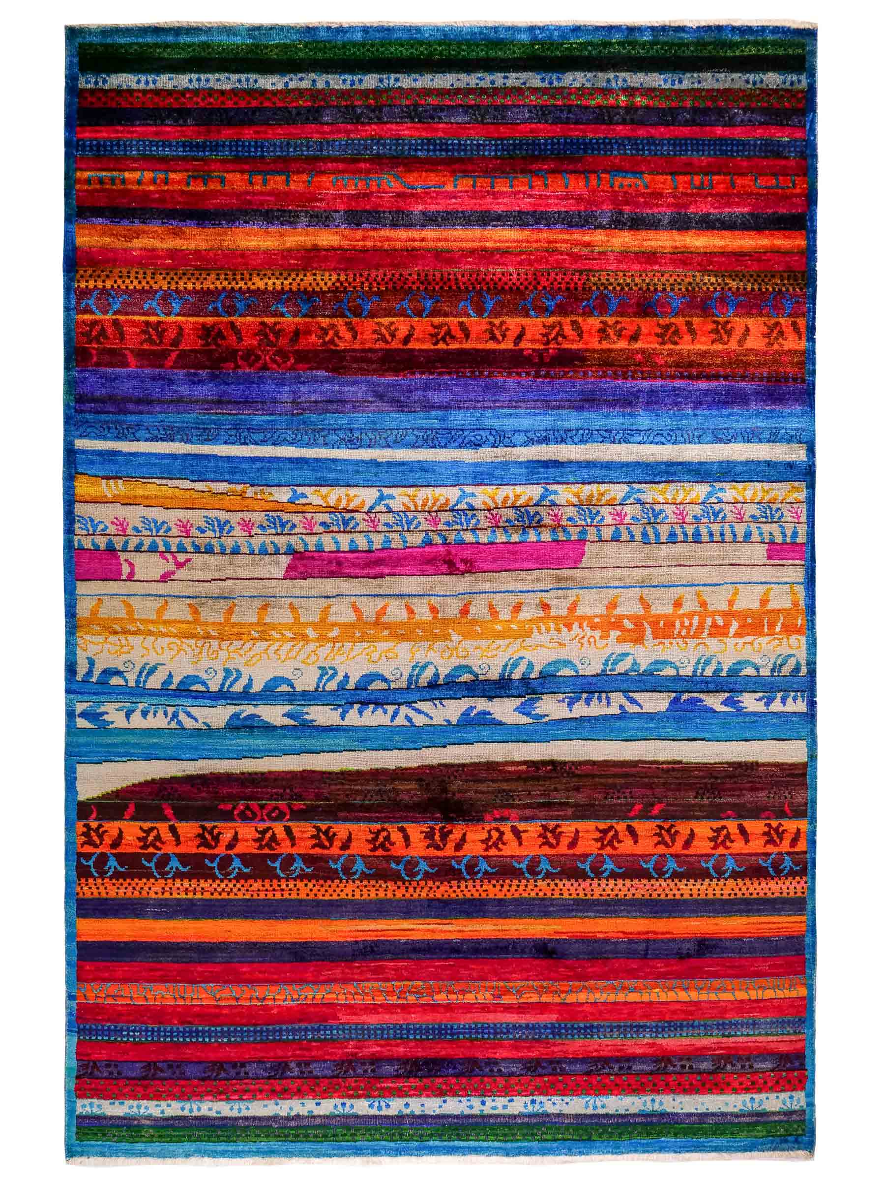 Moderner, handgeknüpfter Indo Loribaft Orientteppich von Khademi aus Sari Seide, rot, mehrfarbig. Geometrisches Nomaden-Design mit Streifen. Von Hand geknüpft in Indien. Größe: 235x175cm. Teppichnummer: KB4-1501. Verkauf durch Jupiter Intl.