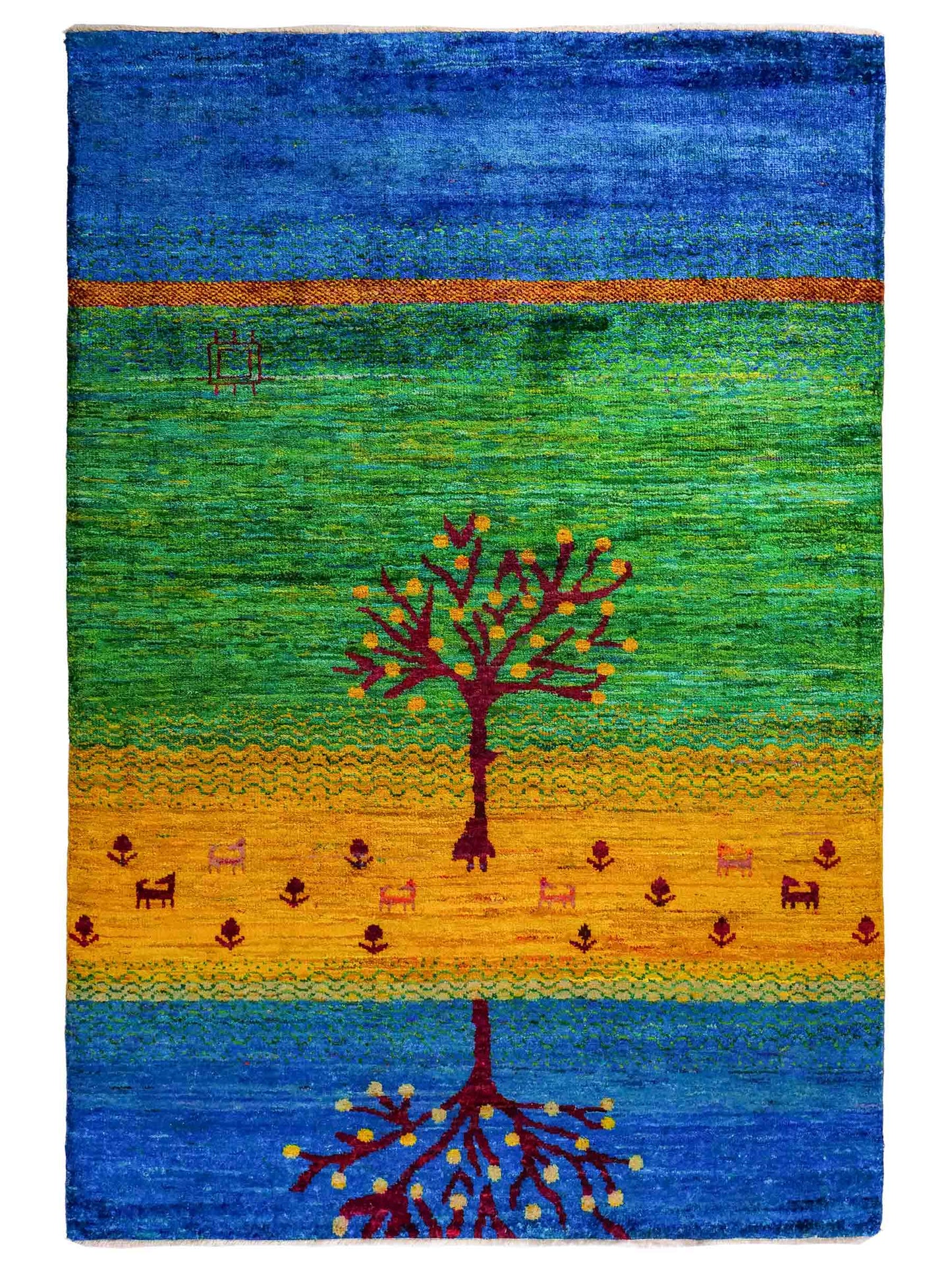 Moderner, handgeknüpfter Indo Loribaft Orientteppich von Khademi aus Sari Seide, blau, grün, gelb. Nomadisches Lebensbaum-Design. Von Hand geknüpft in Indien. Größe: 237x169cm. Teppichnummer: KB4-1503. Verkauf durch Jupiter Intl.