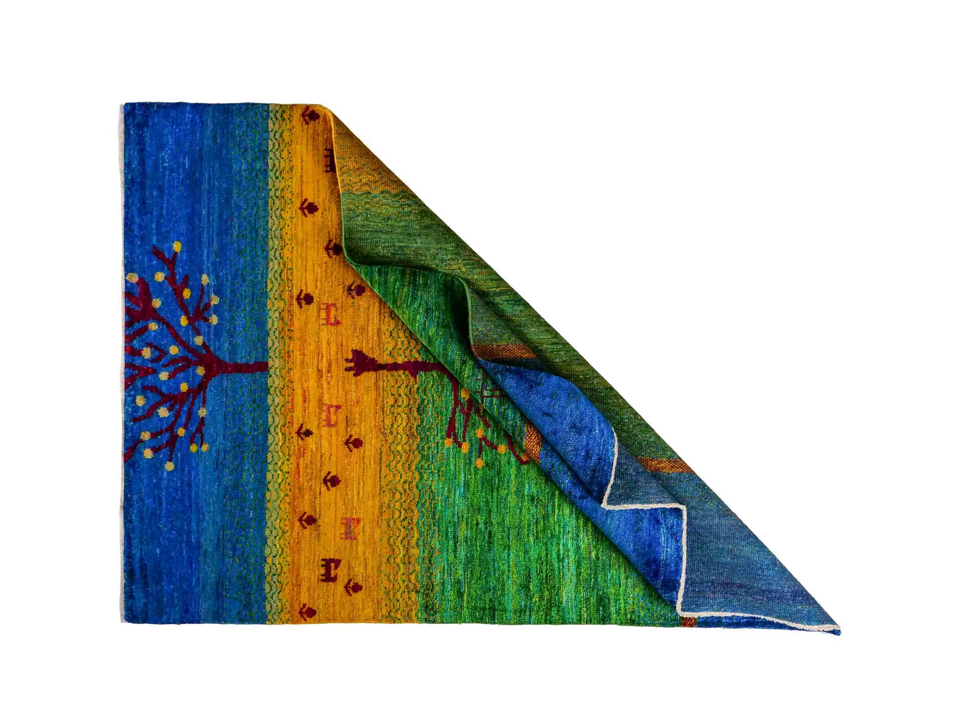 Moderner, handgeknüpfter Indo Loribaft Orientteppich von Khademi aus Sari Seide, blau, grün, gelb. Nomadisches Lebensbaum-Design. Von Hand geknüpft in Indien. Größe: 237x169cm. Teppichnummer: KB4-1503. Verkauf durch Jupiter Intl.