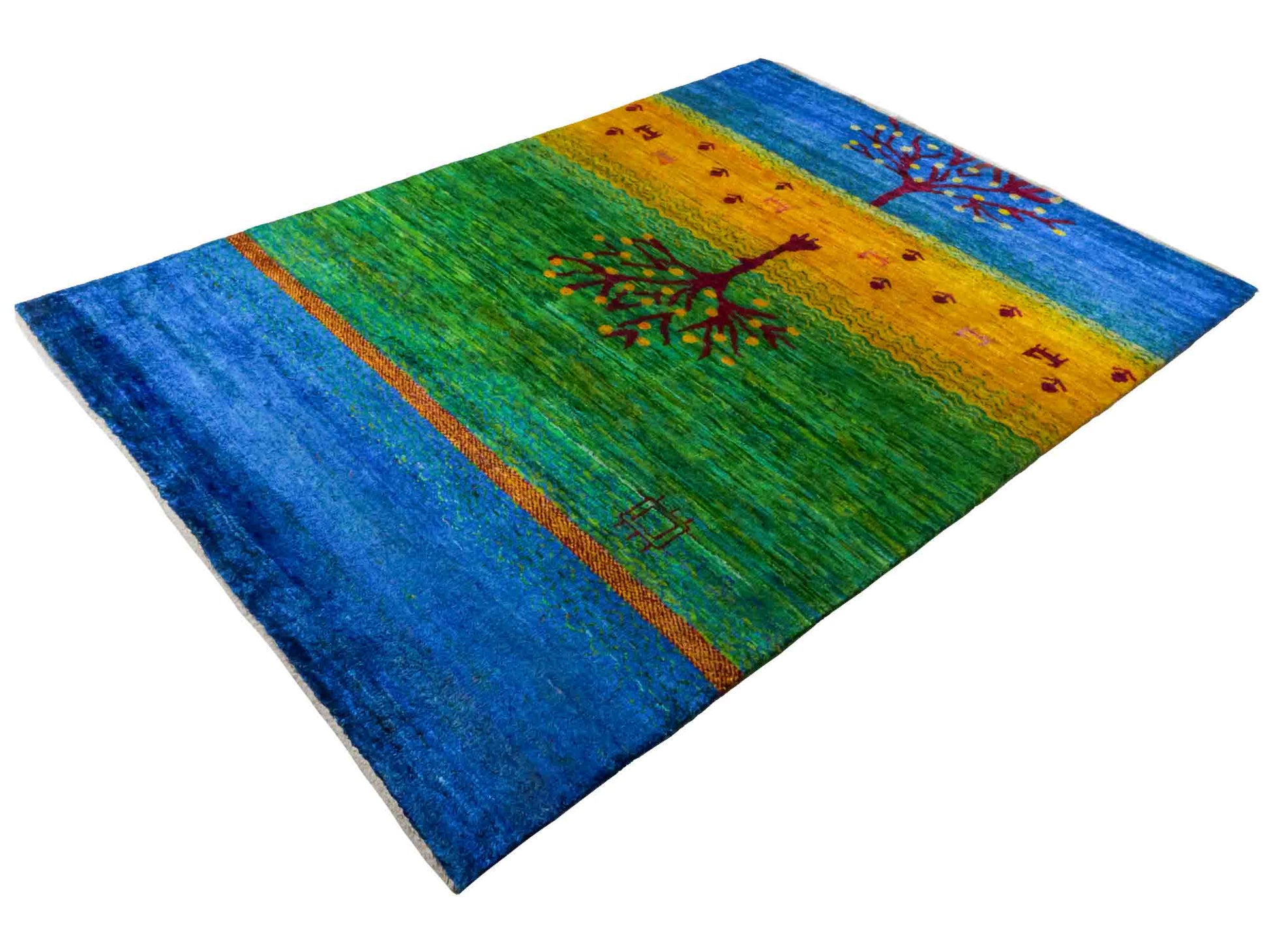 Moderner, handgeknüpfter Indo Loribaft Orientteppich von Khademi aus Sari Seide, blau, grün, gelb. Nomadisches Lebensbaum-Design. Von Hand geknüpft in Indien. Größe: 237x169cm. Teppichnummer: KB4-1503. Verkauf durch Jupiter Intl.