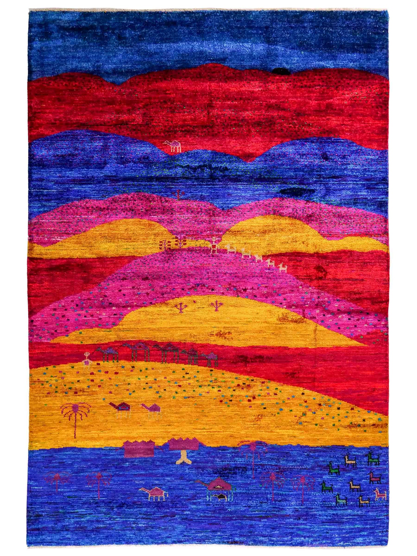 Moderner, handgeknüpfter Indo Loribaft Orientteppich von Khademi aus Sari Seide, blau, gelb, rot. Abstraktes Nomaden-Design. Von Hand geknüpft in Indien. Größe: 262x172cm. Teppichnummer: KB4-1502. Verkauf durch Jupiter Intl.