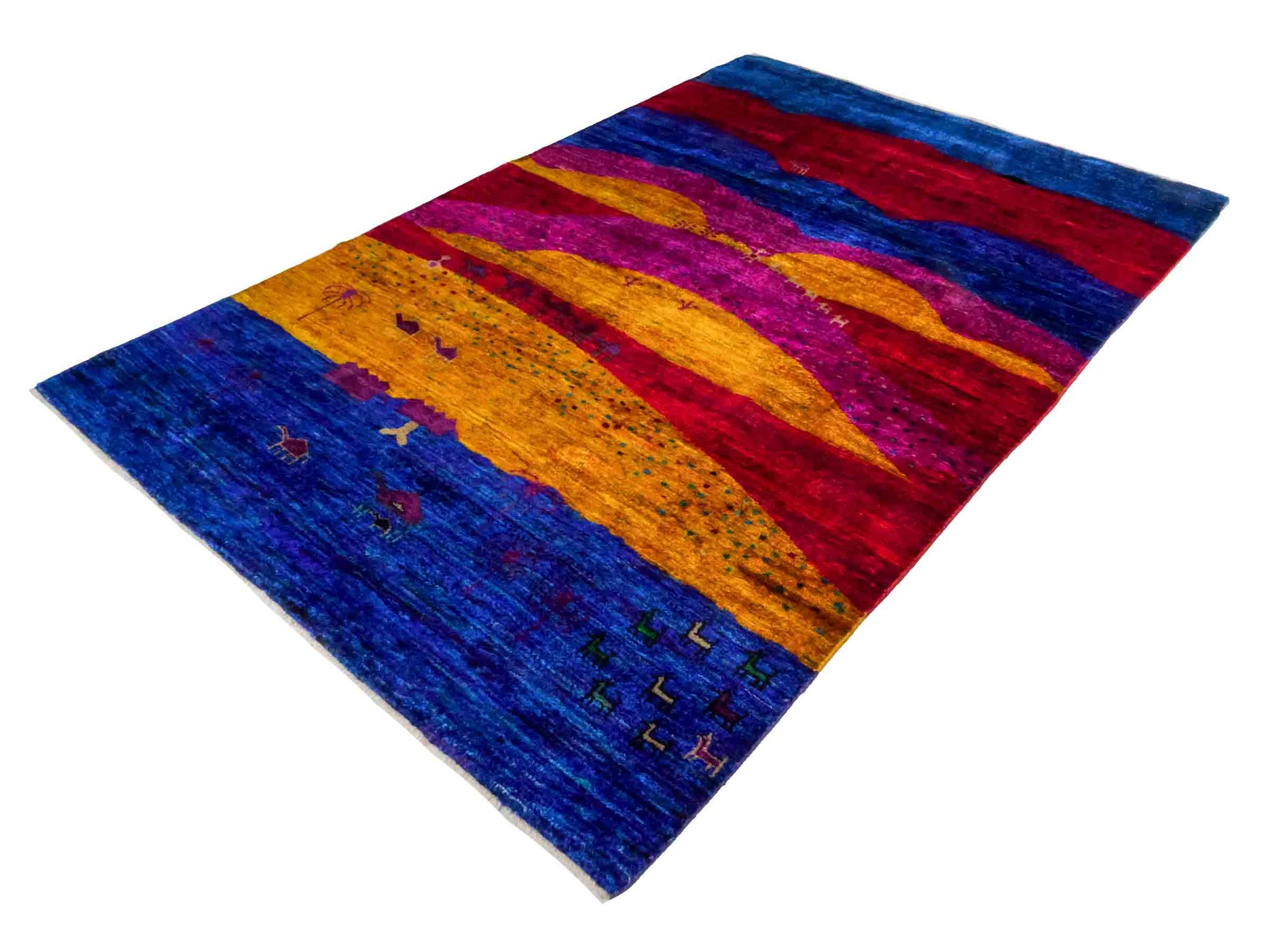 Moderner, handgeknüpfter Indo Loribaft Orientteppich von Khademi aus Sari Seide, blau, gelb, rot. Abstraktes Nomaden-Design. Von Hand geknüpft in Indien. Größe: 262x172cm. Teppichnummer: KB4-1502. Verkauf durch Jupiter Intl.